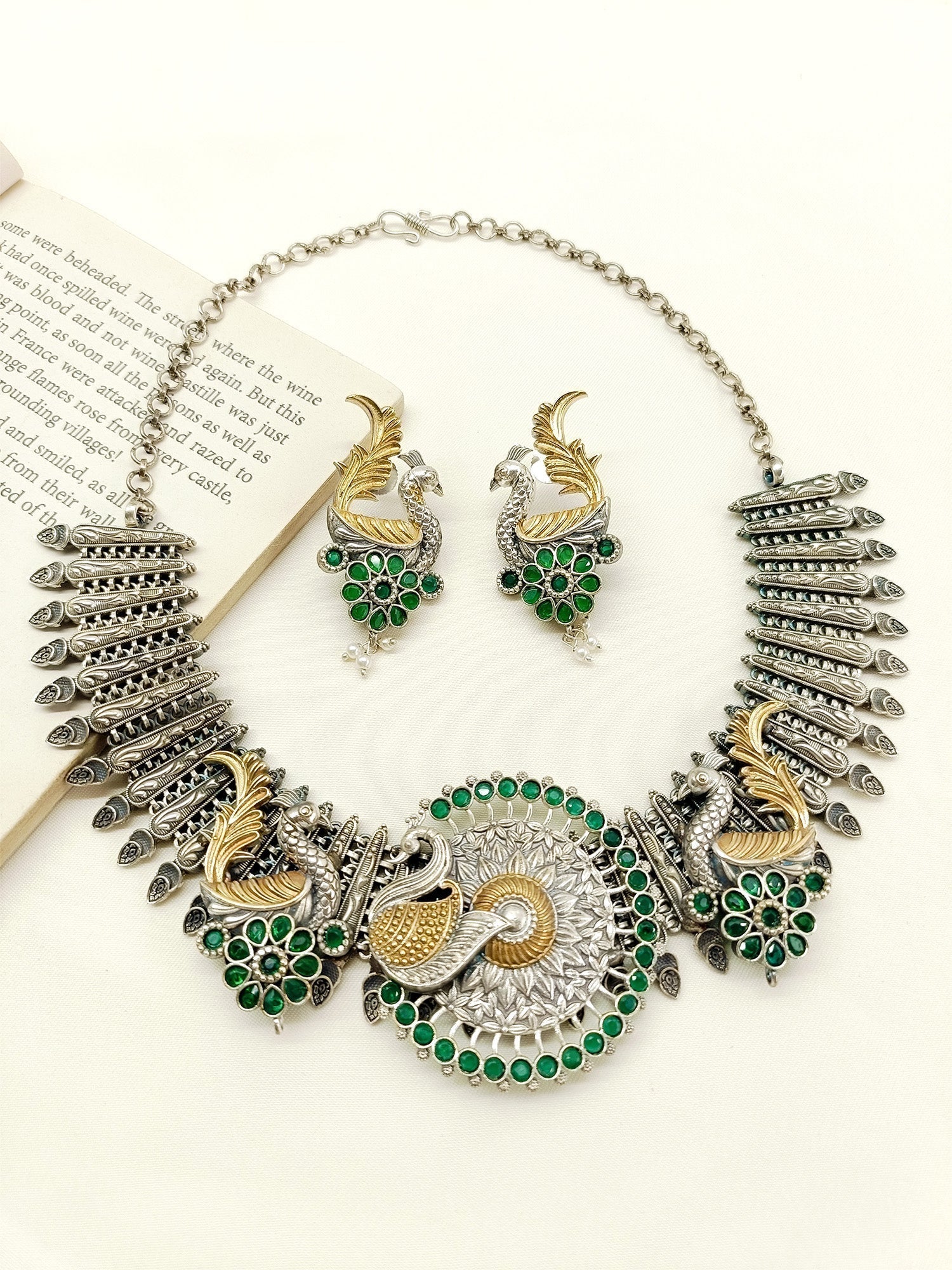 Honey Comb Green Peacock Oxidized Necklace Set - qivii