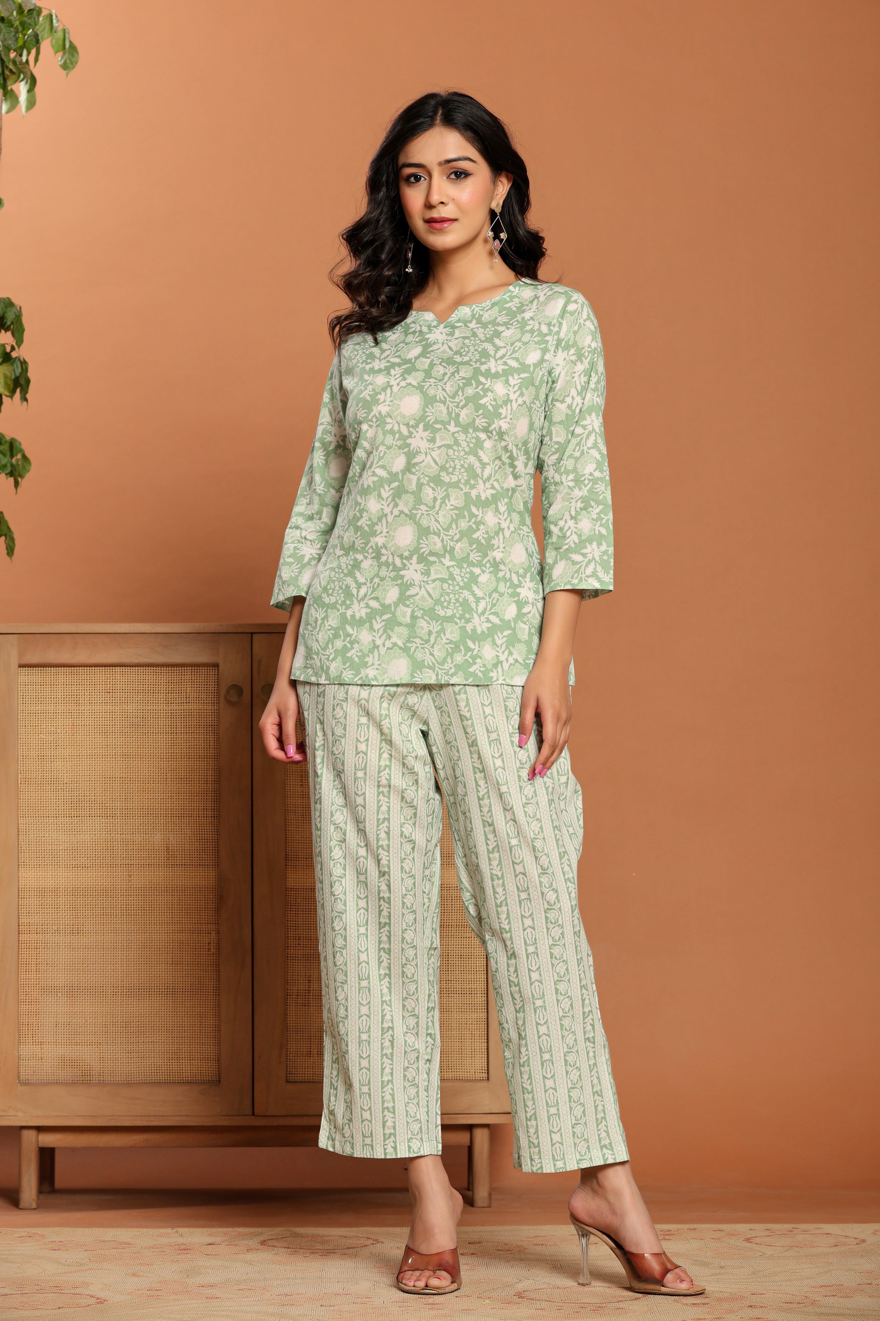 Green Printed Cotton Coord Set - qivii