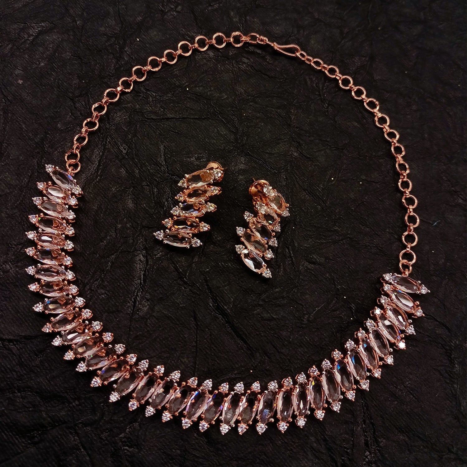 Saniya American Diamond Rose Gold Plated Necklace Set - qivii