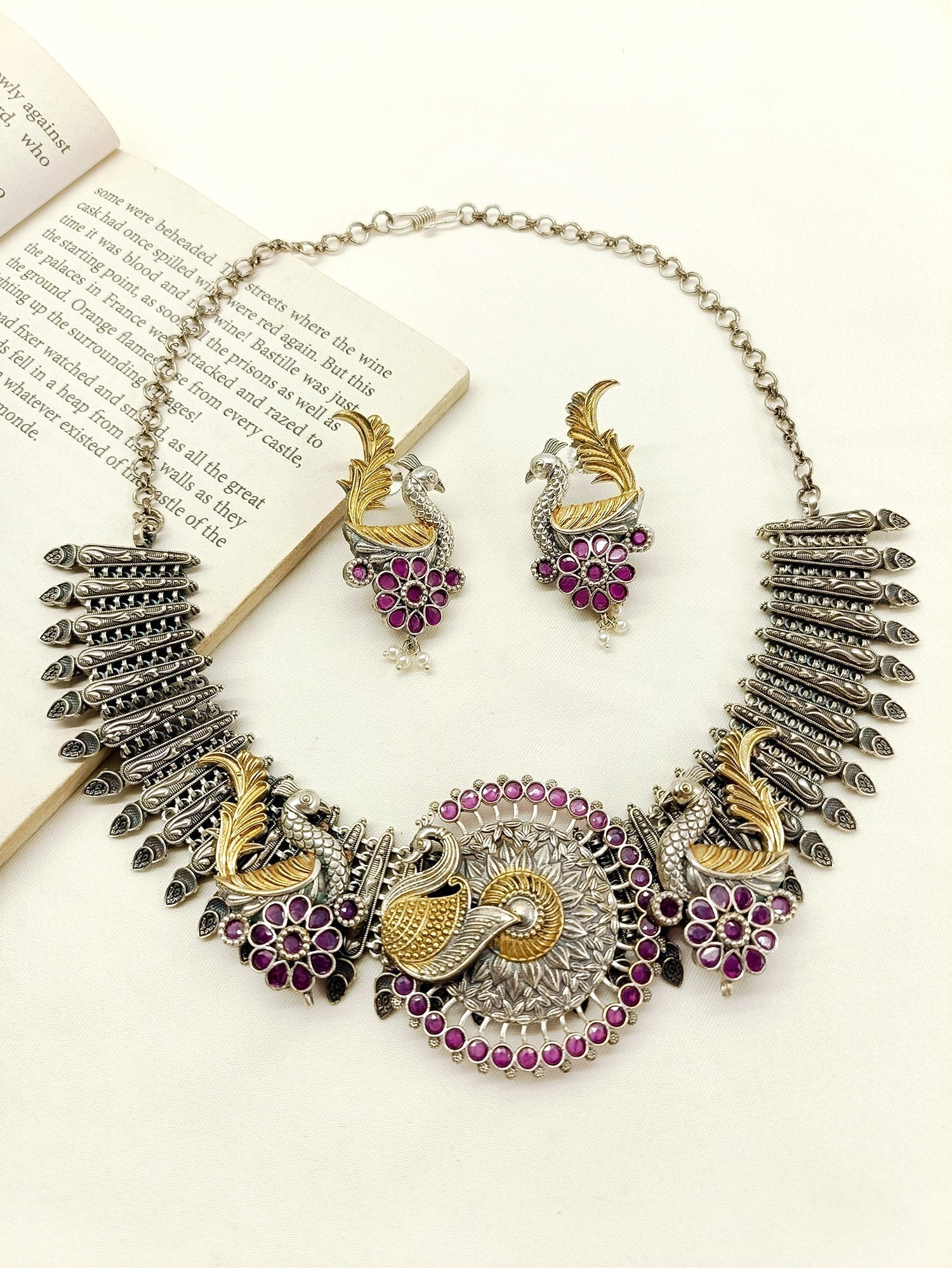 Elea Ruby Peacock Oxidized Necklace Set - qivii
