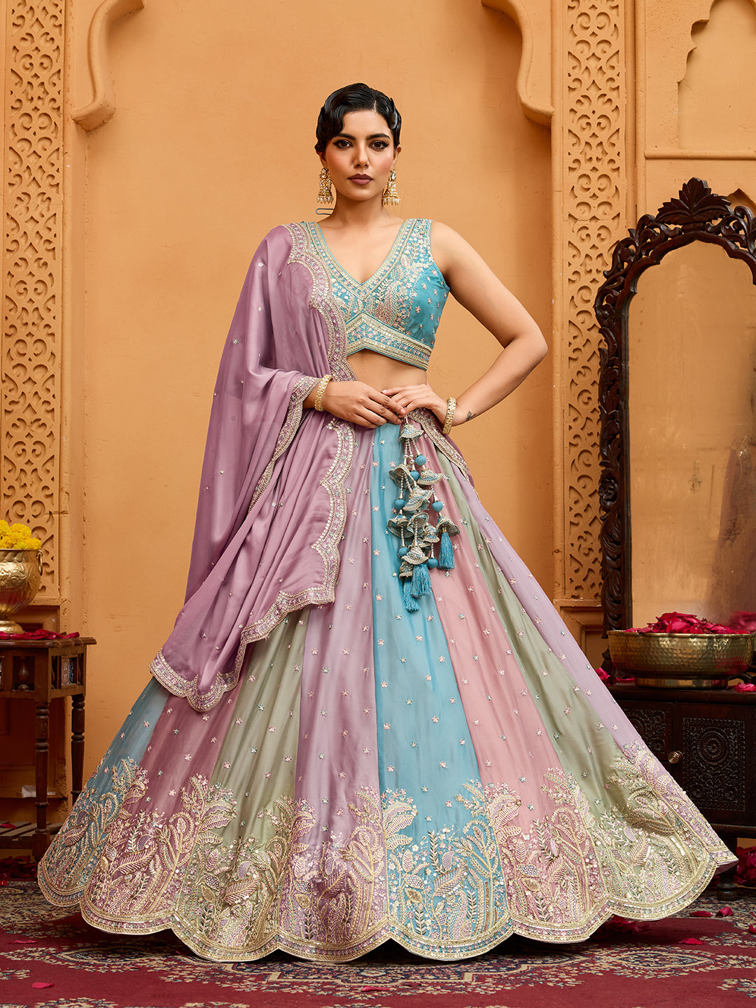 Peach- Georgette Fabric Sequins embroidery Semi-Stitched Lehenga & Unstitched Blouse With Dupatta - qivii