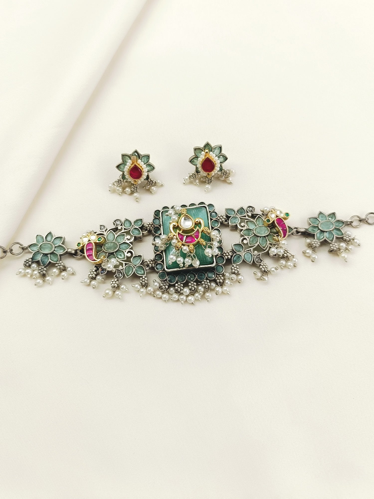 Vanshika Mint Green Oxidized Choker Set