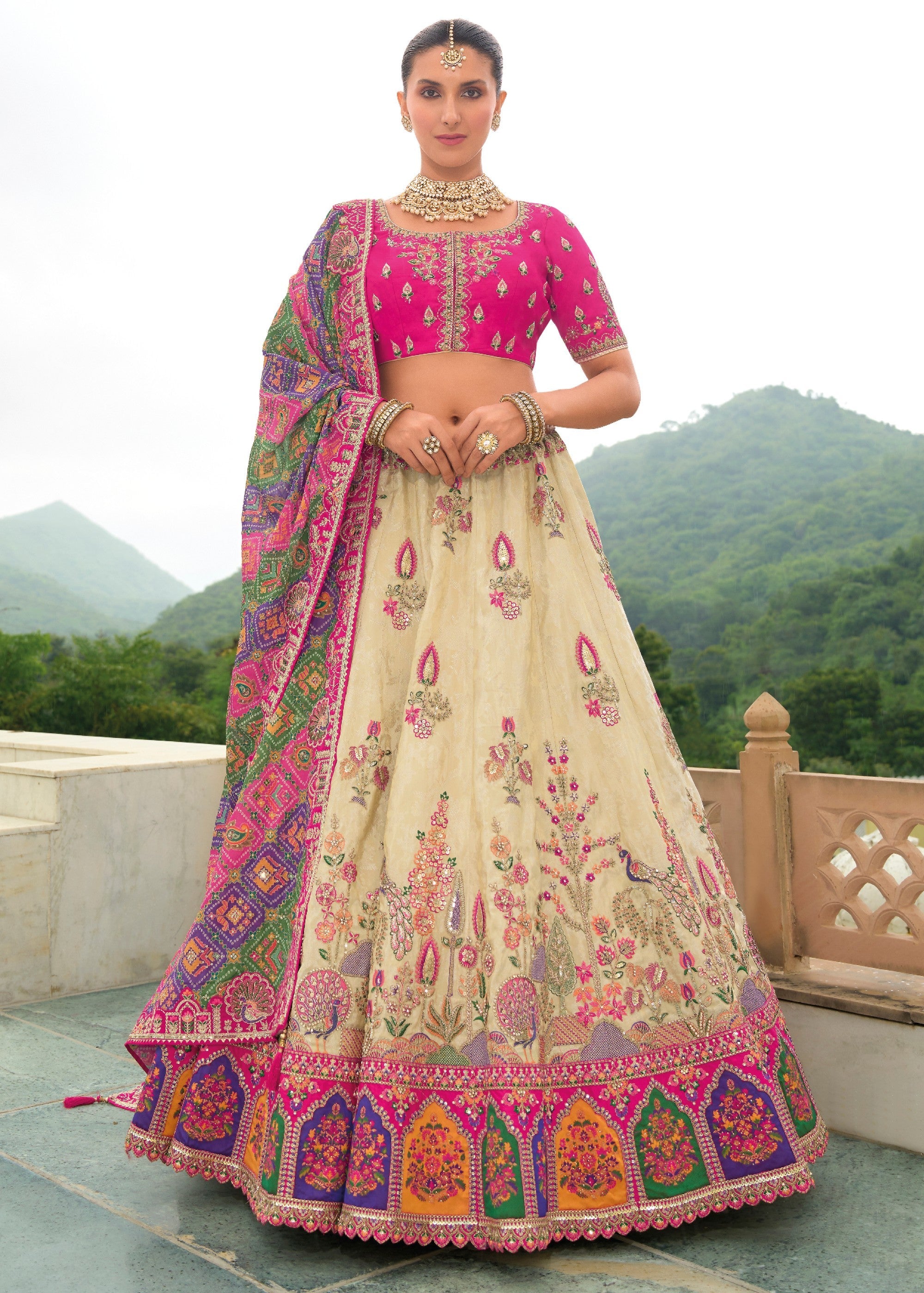 Pink And Cream Banarasi Silk Lehenga With Heavy Embroidery Work | Ready To Wear - qivii