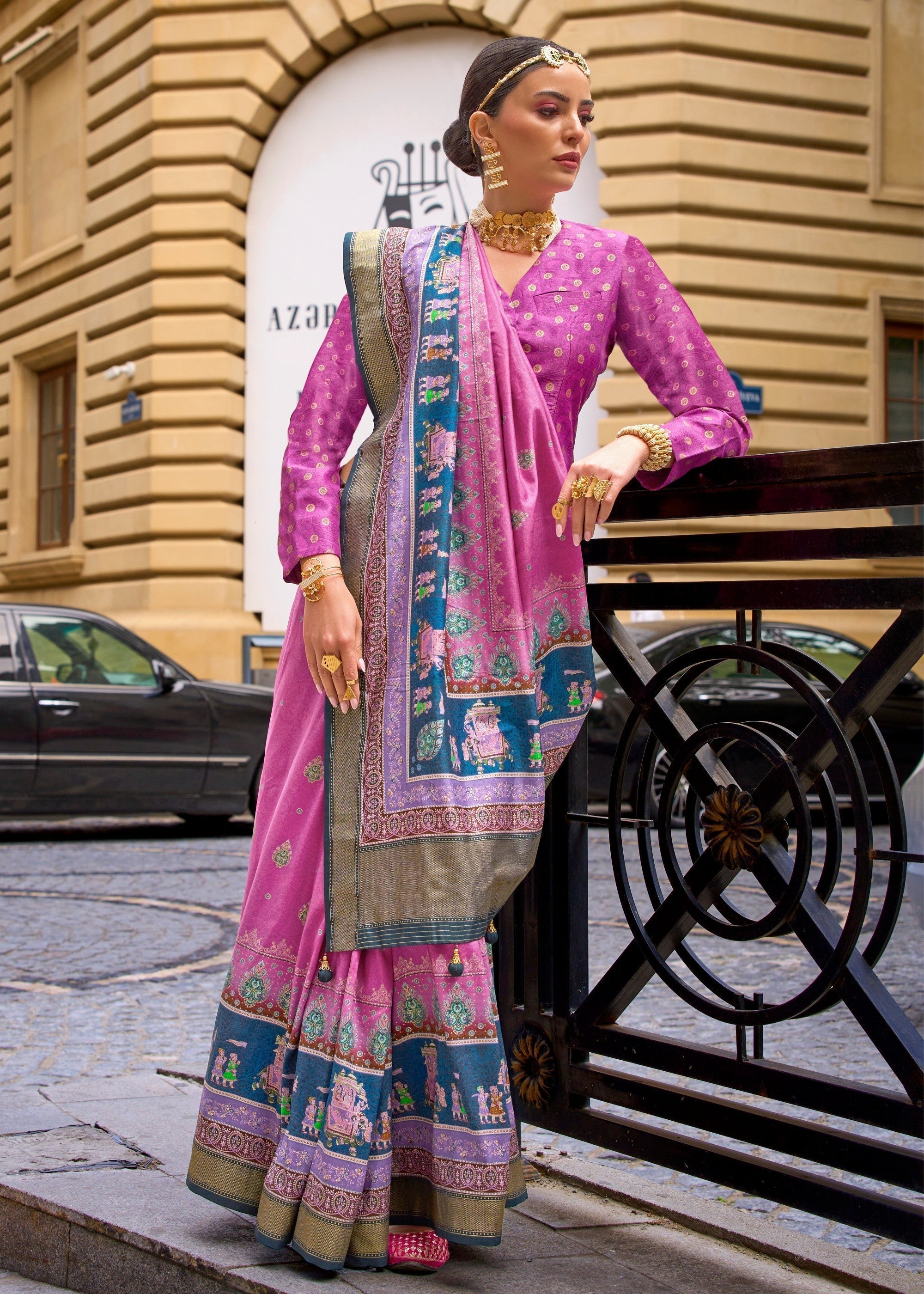 Shocking Pink Poly Viscose Silk Saree With Foil Print - qivii