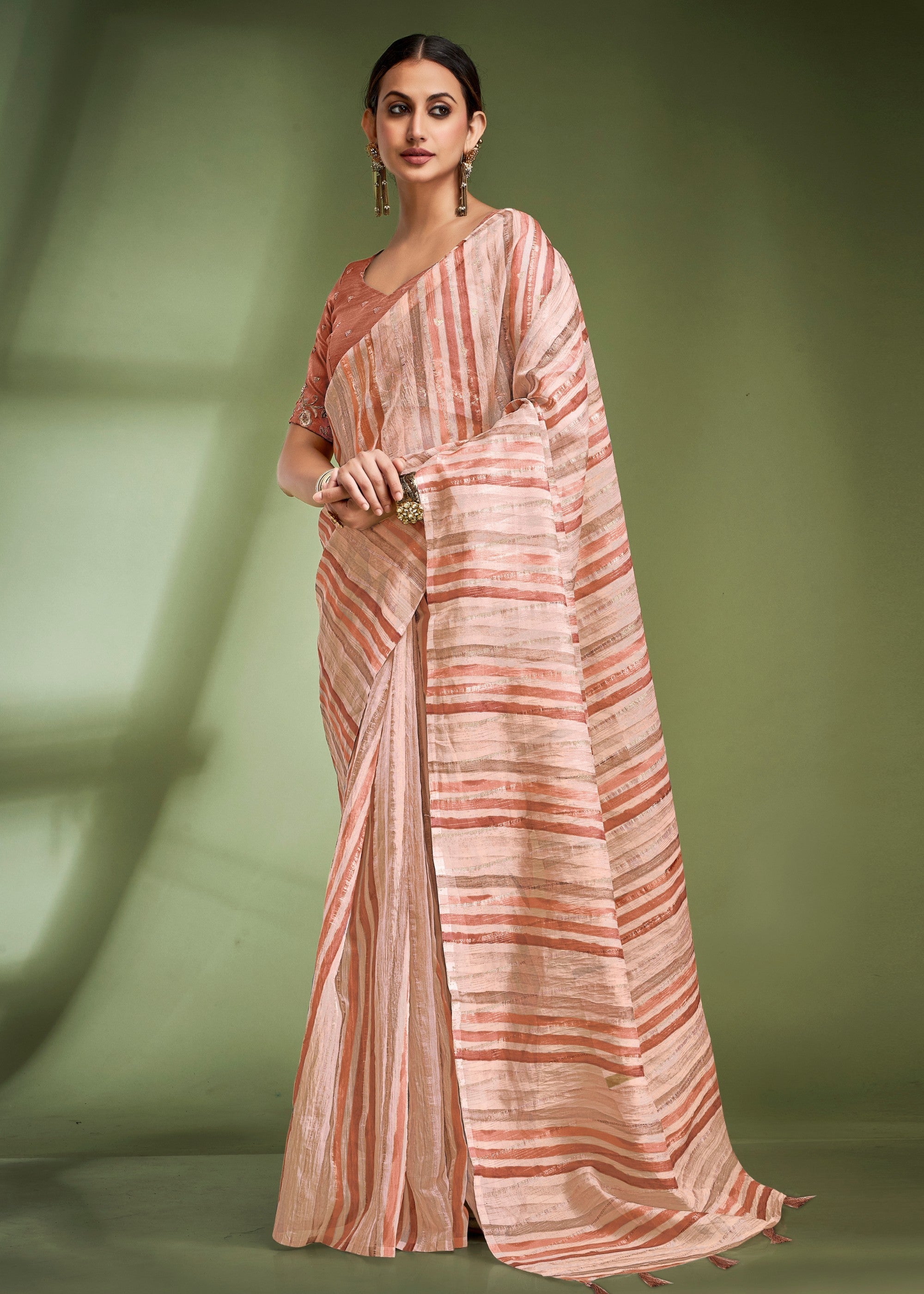 Salmon Orange Tissue Based Fancy Silk Saree With Designer Blouse - qivii