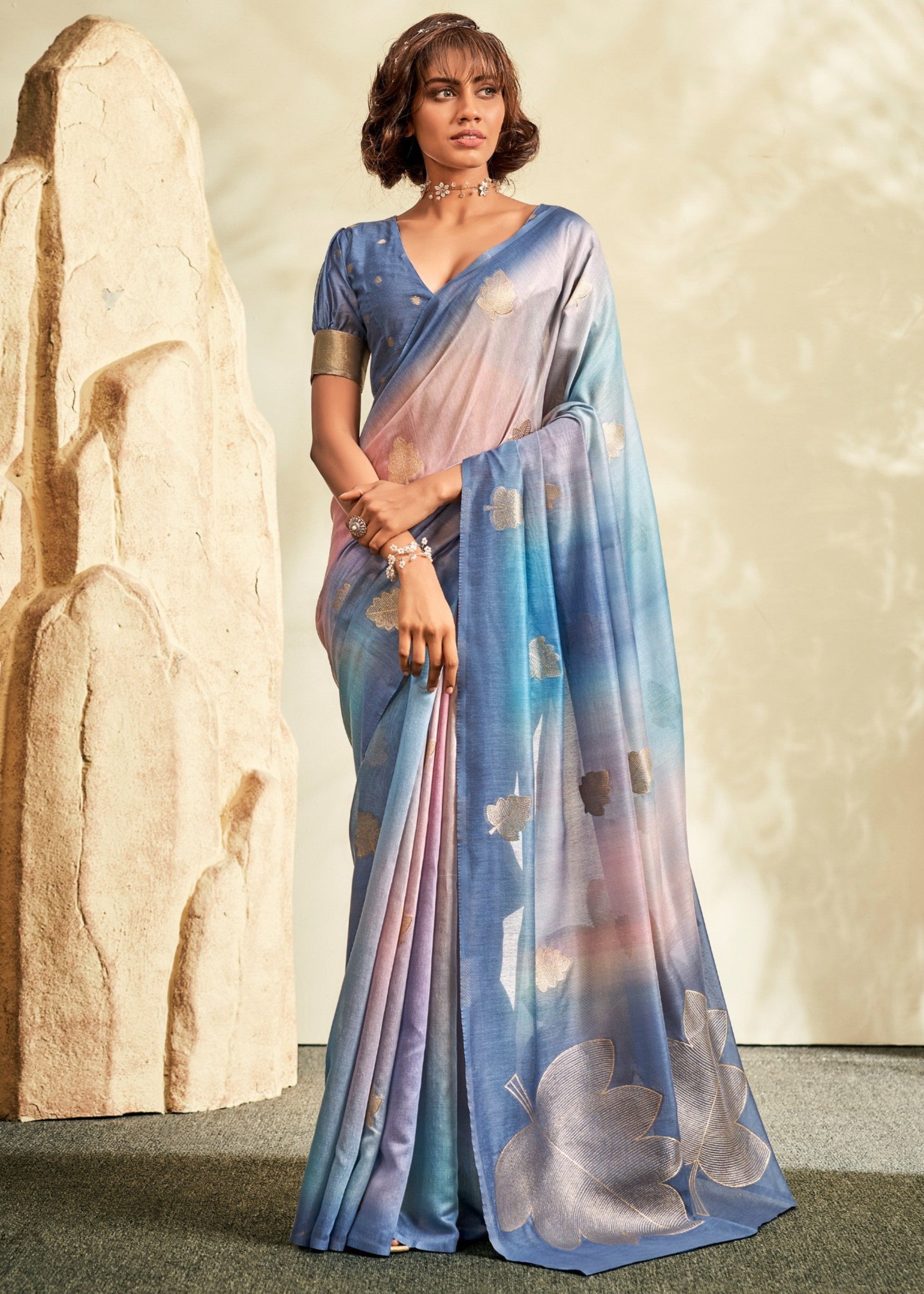 Vivid Cerulean Blue Handloom Khadi Silk with Digital Print - qivii