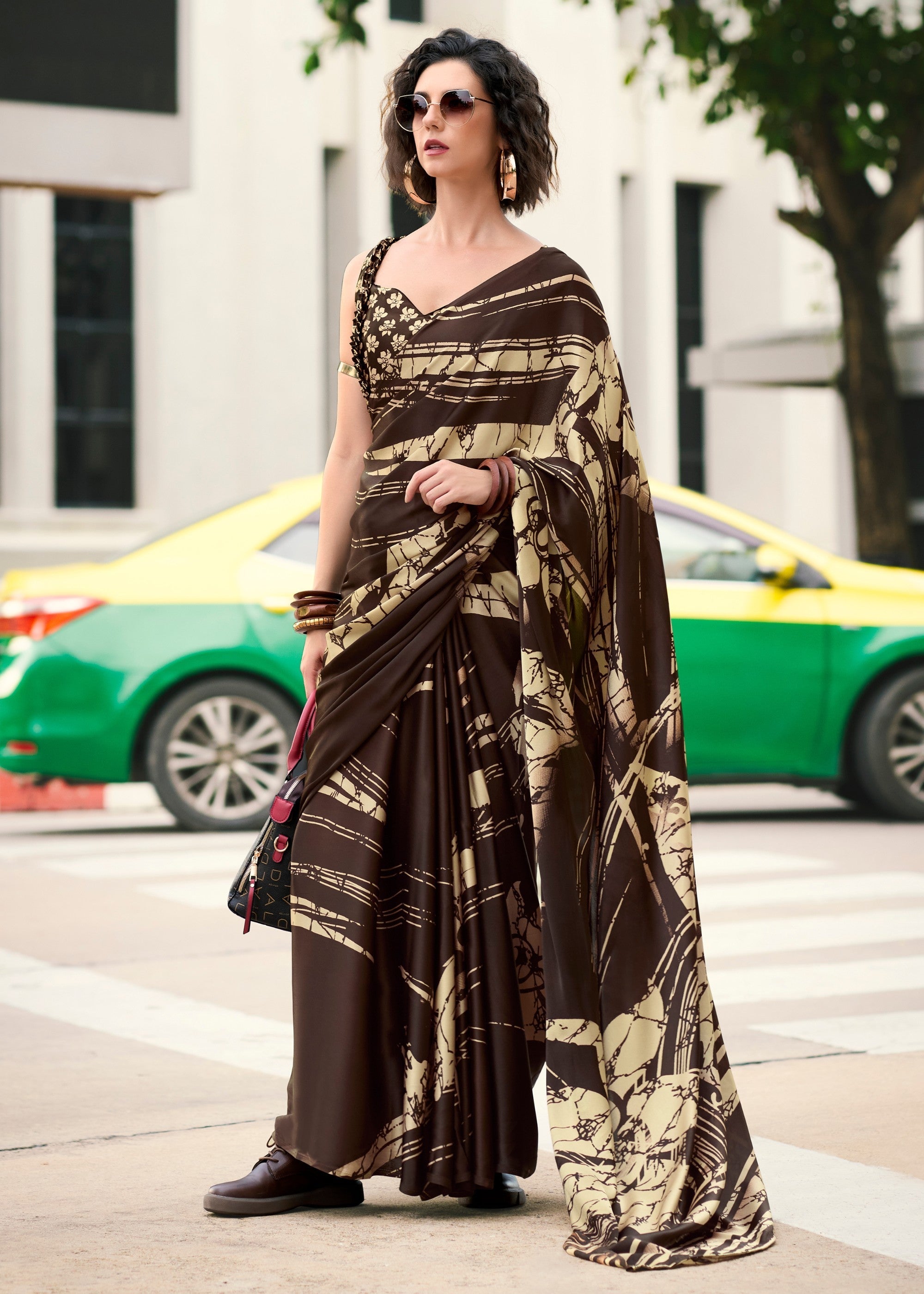 Mocha Brown Printed Satin Silk Saree - qivii