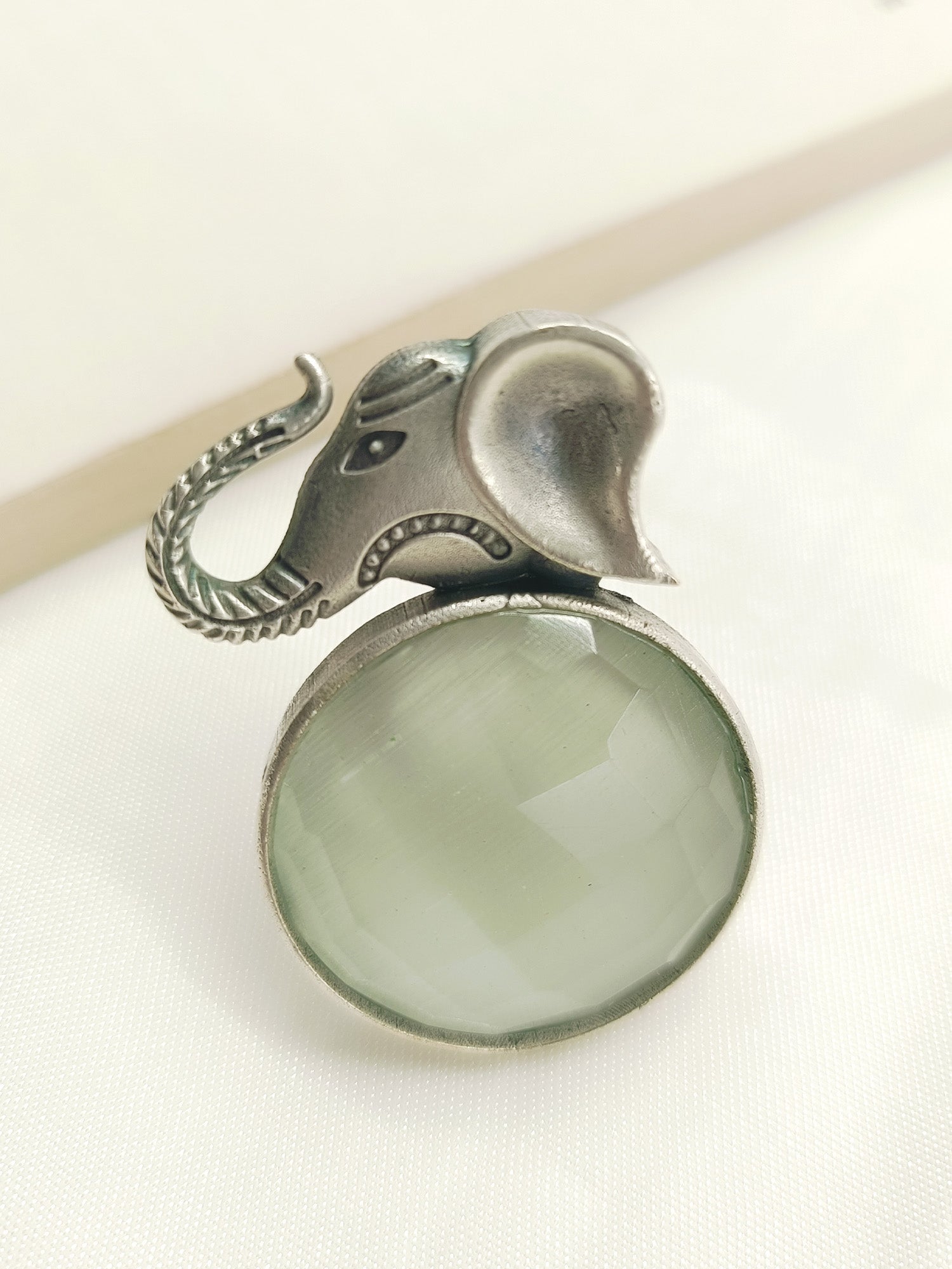 Aafreen White Elephant Oxidized Finger Ring - qivii