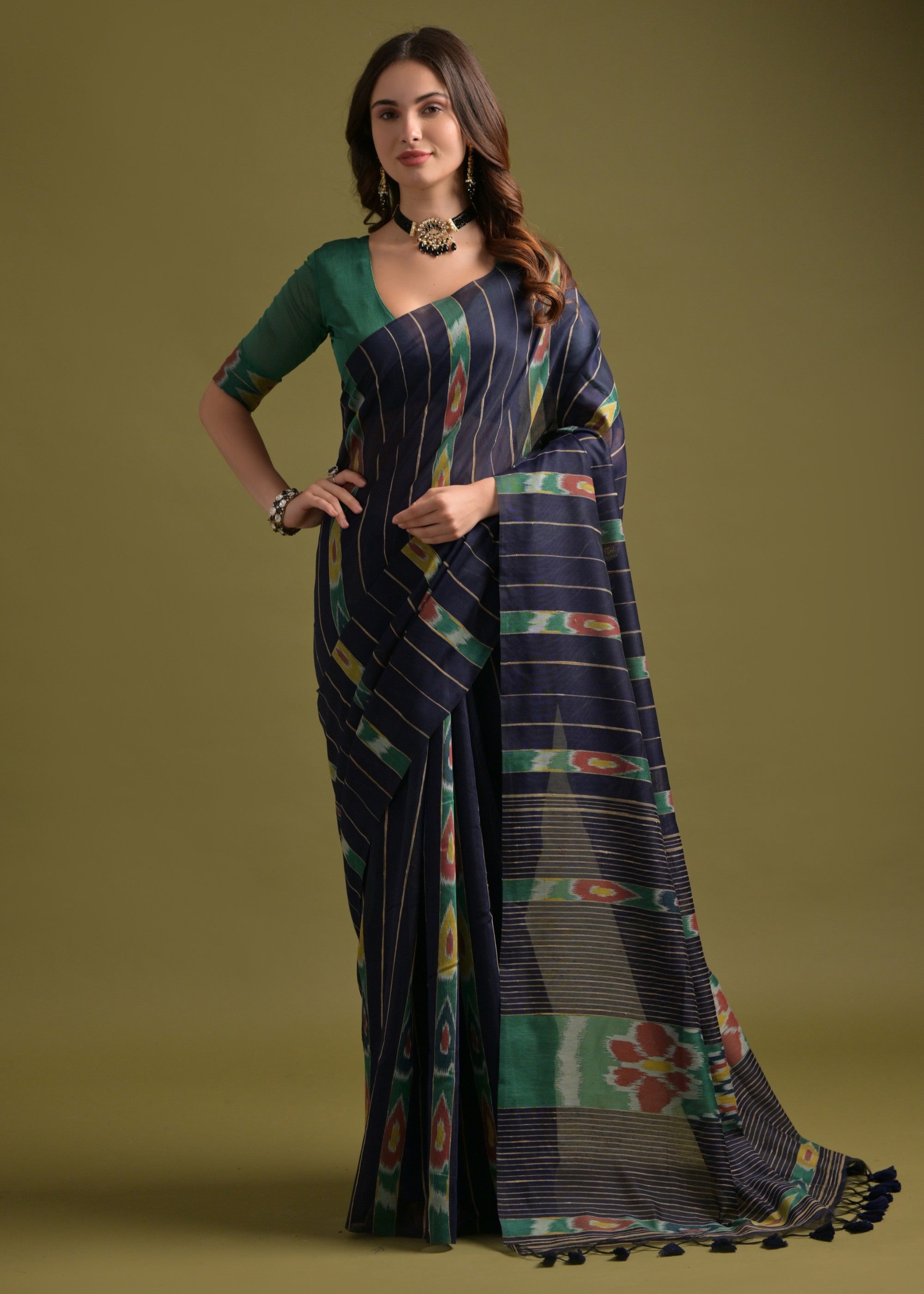 Indigo Blue Soft Ikkat Cotton Printed Saree - qivii
