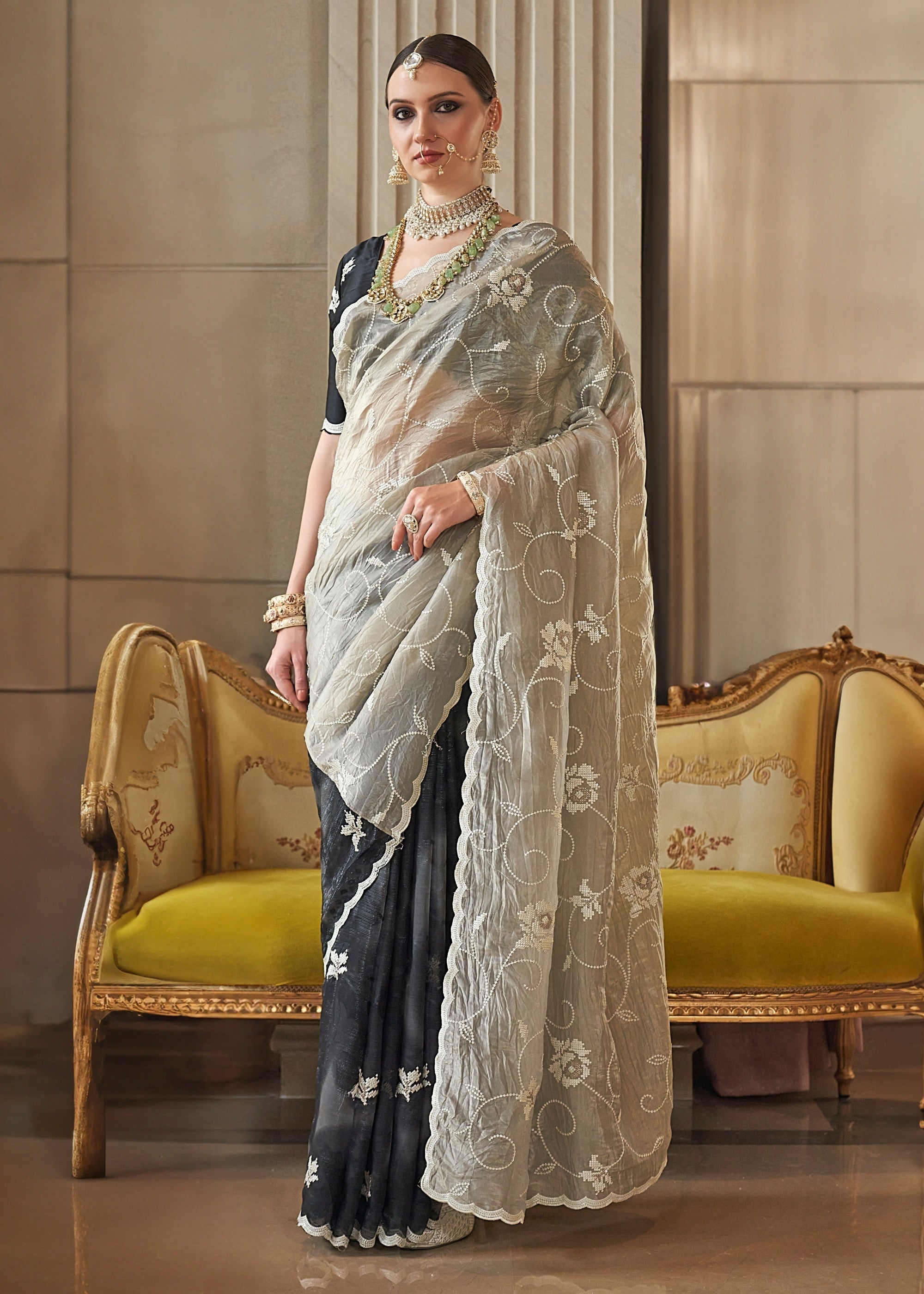 Midnight Black And Beige Fancy Tissue Saree With Unique Work And Designer Blouse - qivii