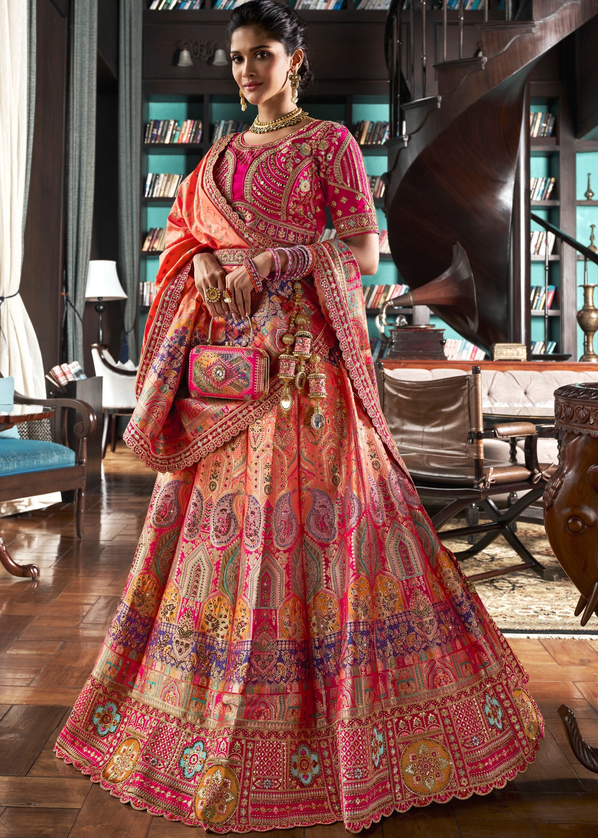 Coral Pink Banarasi Silk Lehenga with Zarkan Codding work | Ready To Wear - qivii