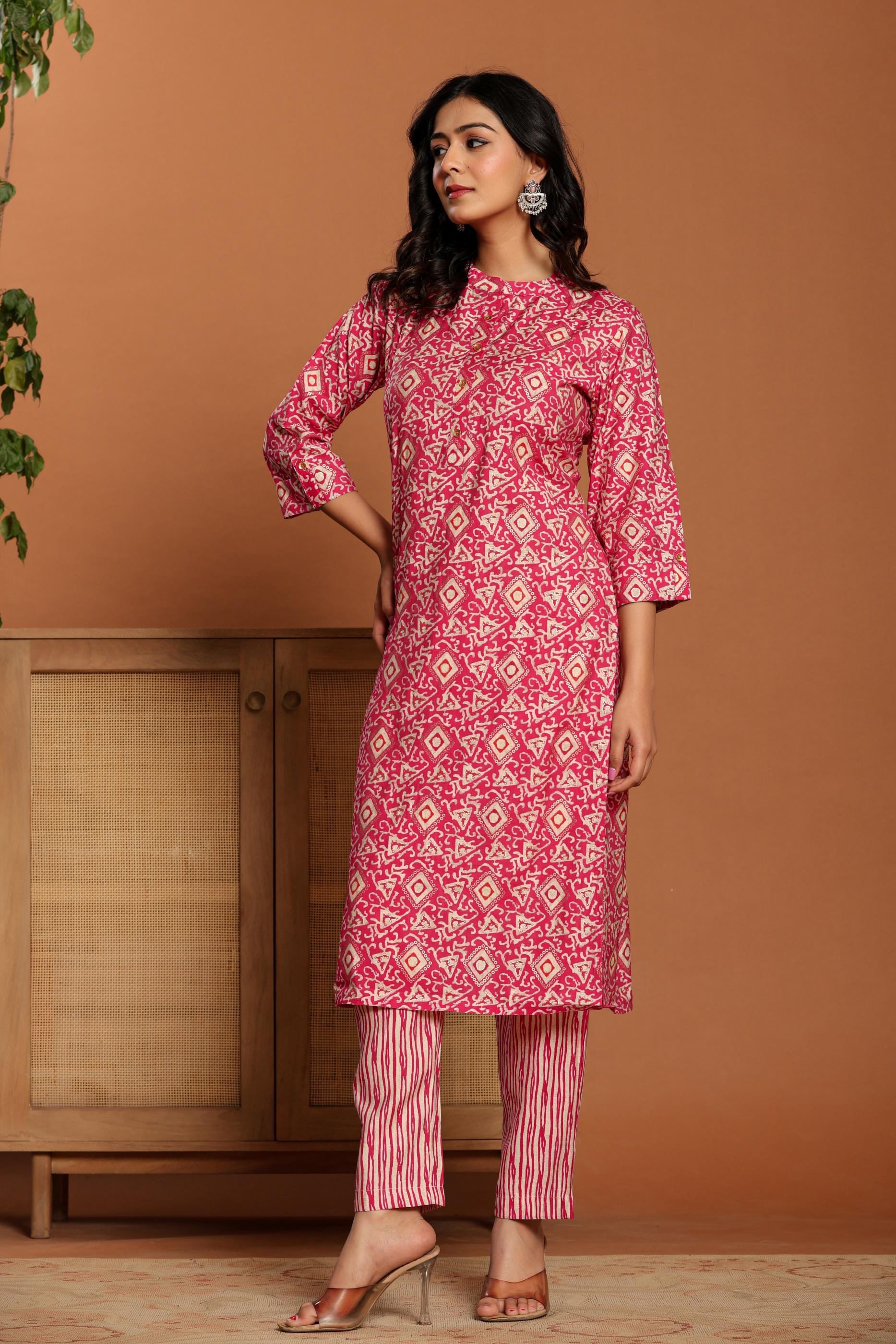 Pink Printed Rayon Kurta Set - qivii