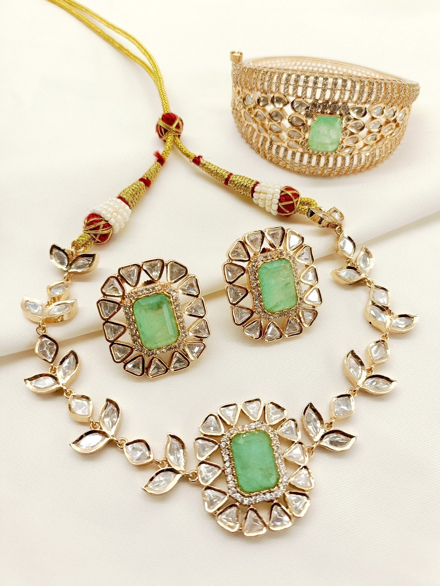 Aditi Mint Green Kundan Choker With Bracelet Combo set - qivii