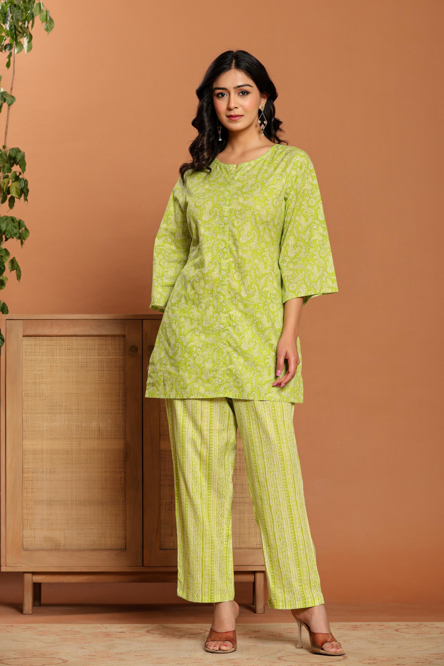 Green Printed Cotton Coord Set - qivii