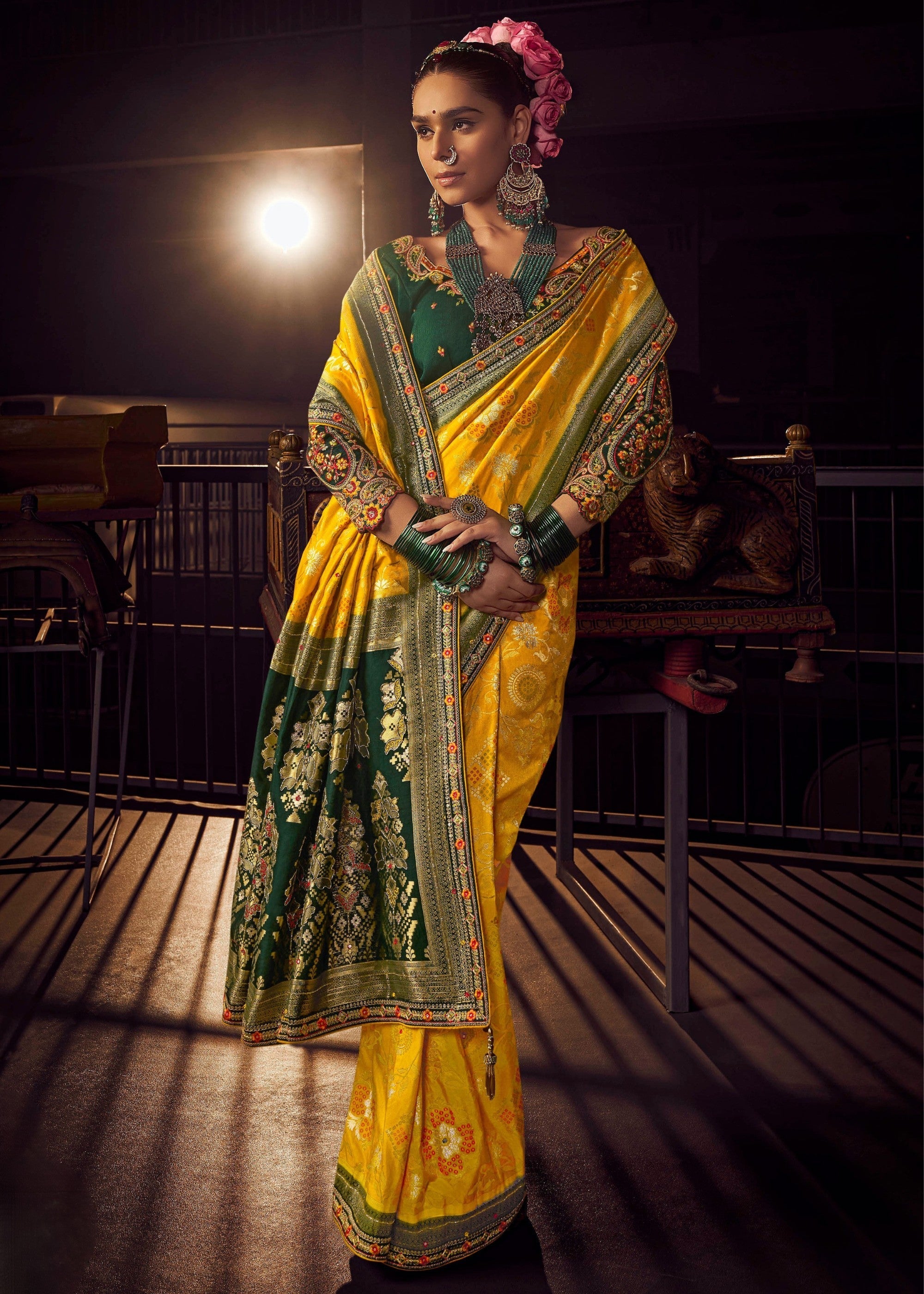 Mustard Yellow Pure Viscose Dola Silk Saree With Handwork On Blouse And Pallu - qivii