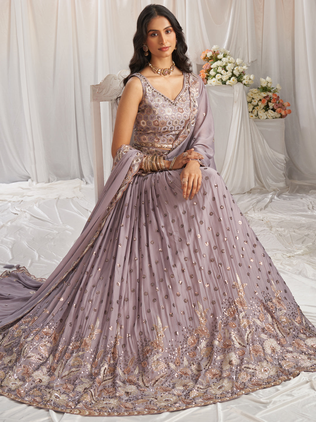 Lavender - Golden Dull-Bright Sequin,Golden-Sliver Threaded Embroidered Georgette Semi-Stitched Lehenga choli - qivii