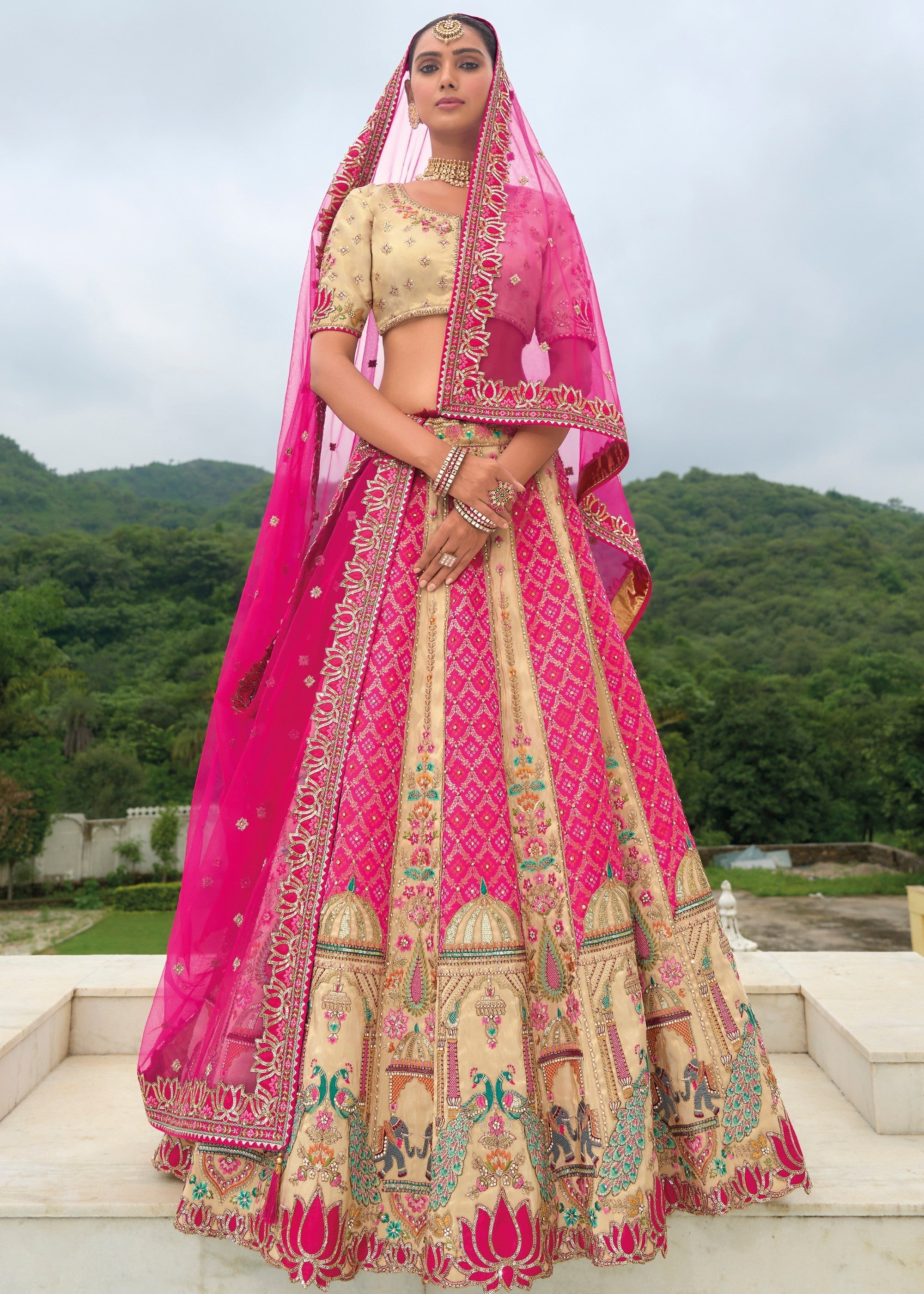 Off White And Pink Banarasi Silk Lehenga With Heavy Embroidery Work | Ready To Wear - qivii