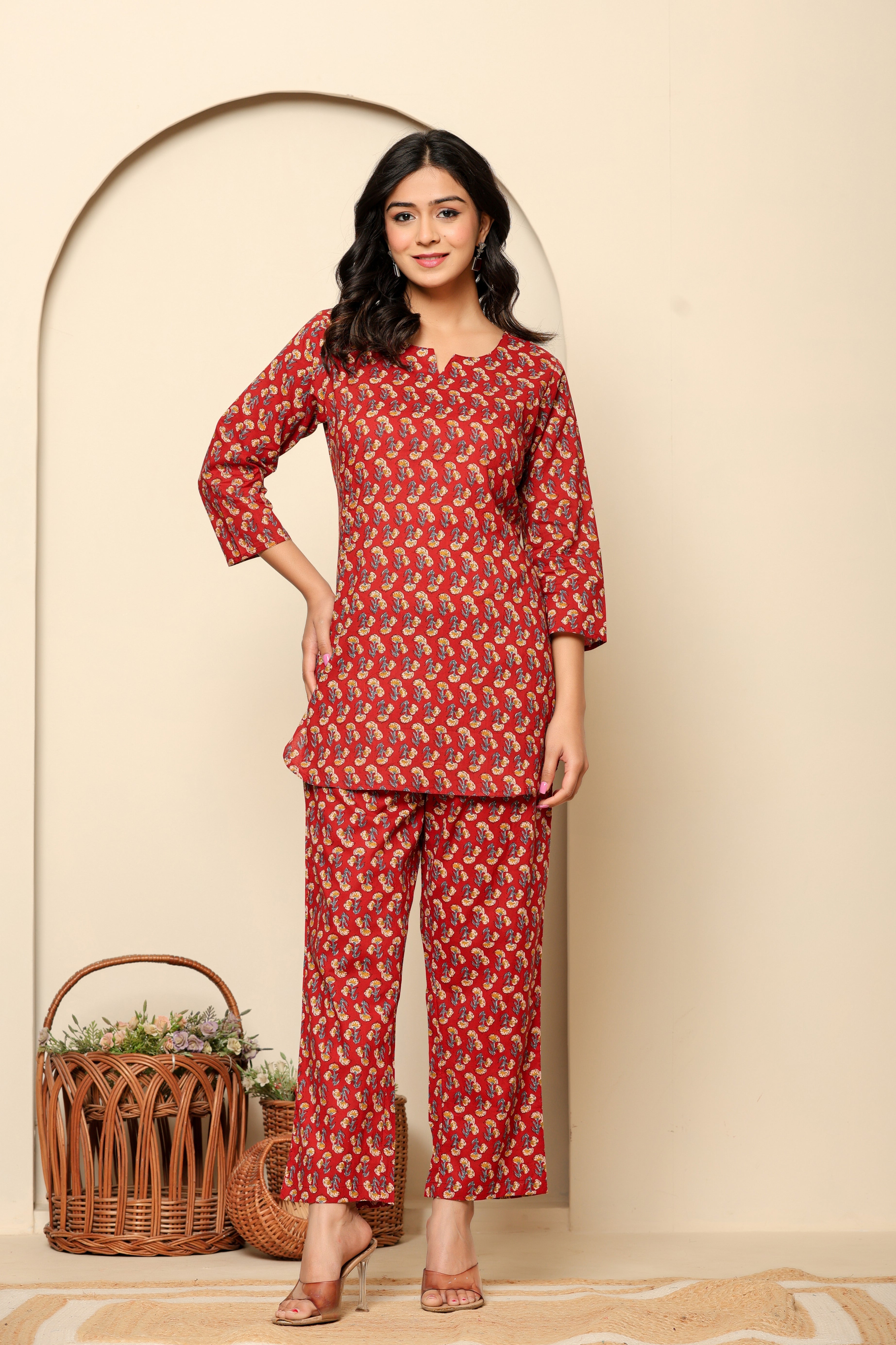 Red Printed Cotton Coord Set - qivii