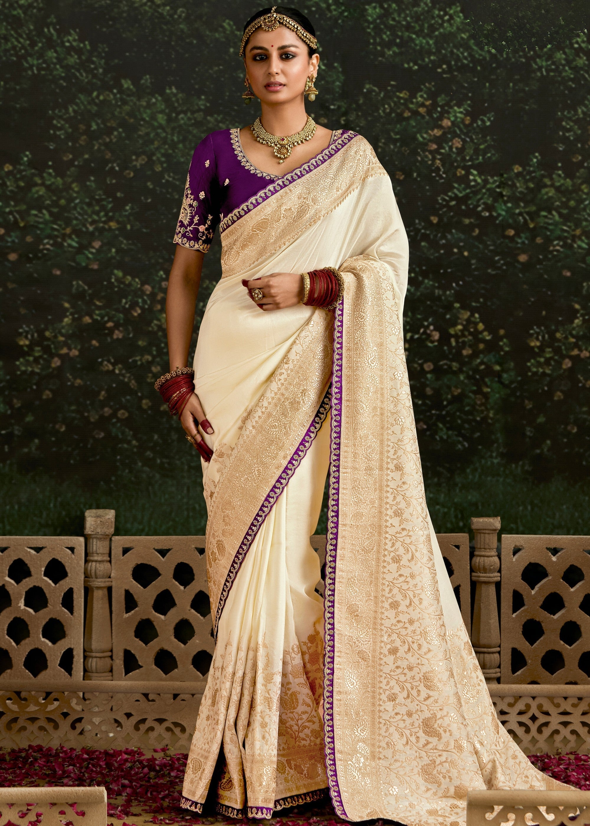 Off-White and Purple Saree with Viscose Silk and Zari Work - qivii