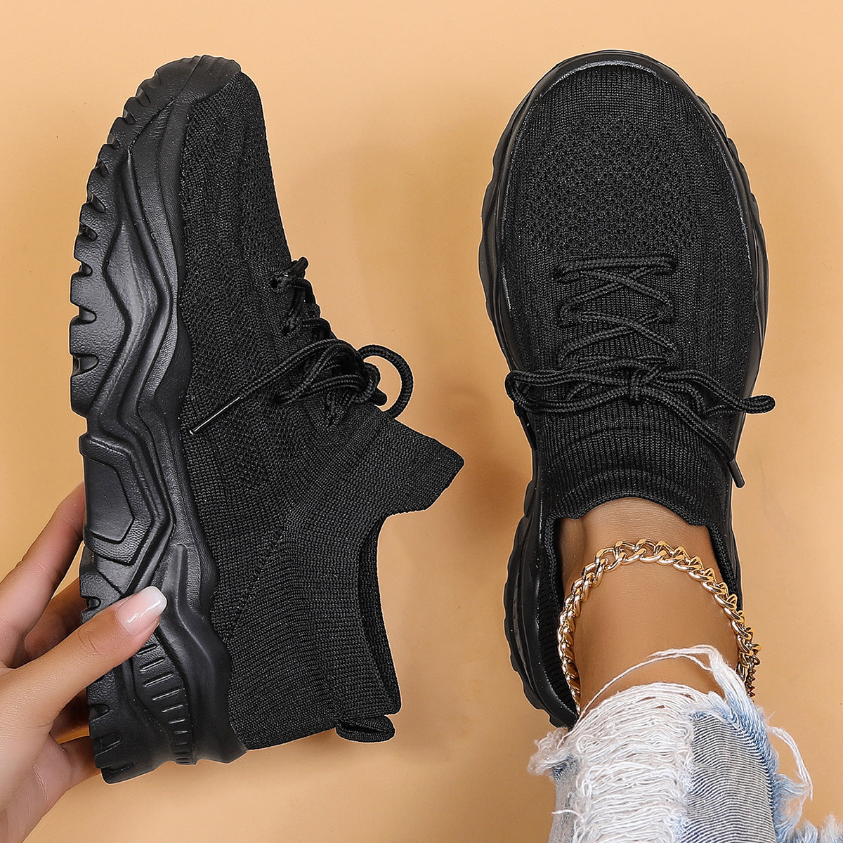 Women's Nyvelle Knit Sock Sneakers - Breathable Lace-Up Mesh Shoes with Chunky Ridged Sole (US 4-11)