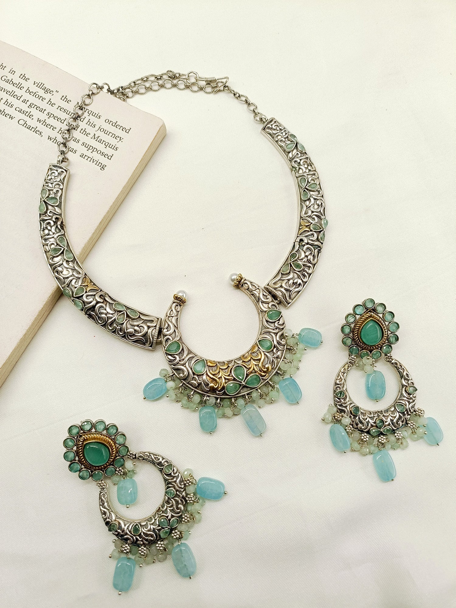 Anjalika Mint Green Oxidized Necklace Set - qivii