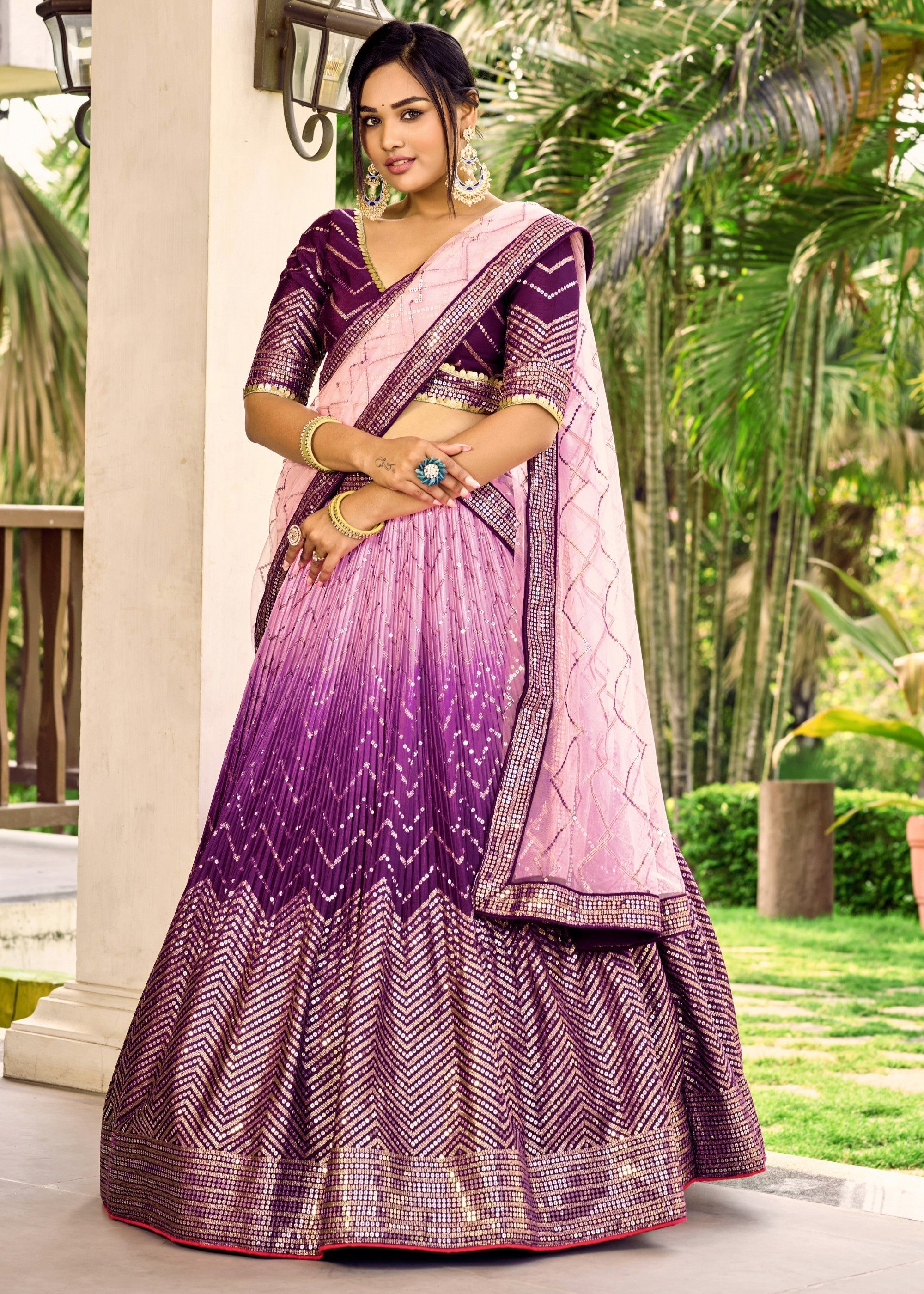 Plum Purple Chinon Silk Lehenga With Sequence and Thread Embroidery Work | Ready To Wear - qivii
