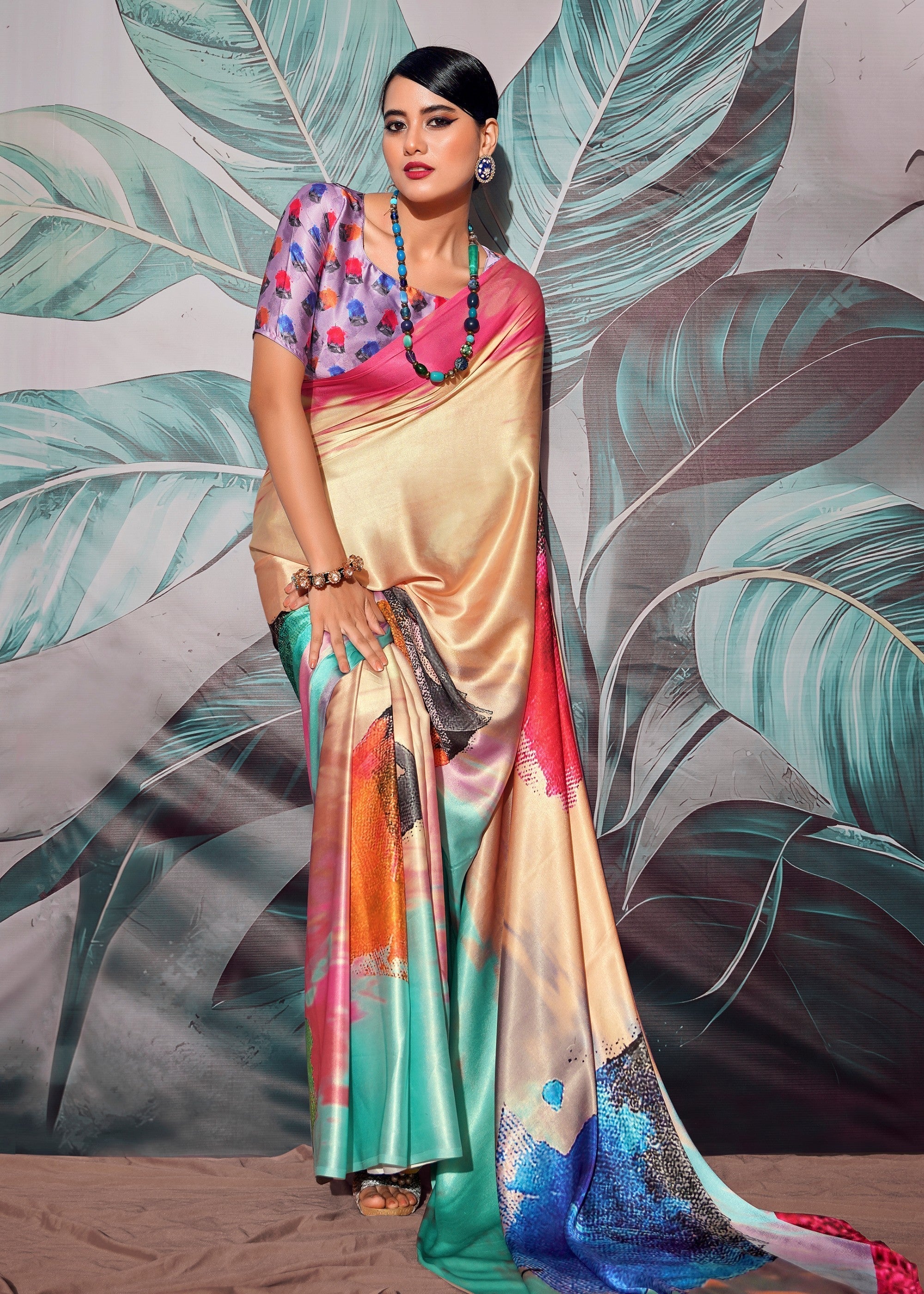 Peach with Multicolour Satin Crepe With Digital print - qivii