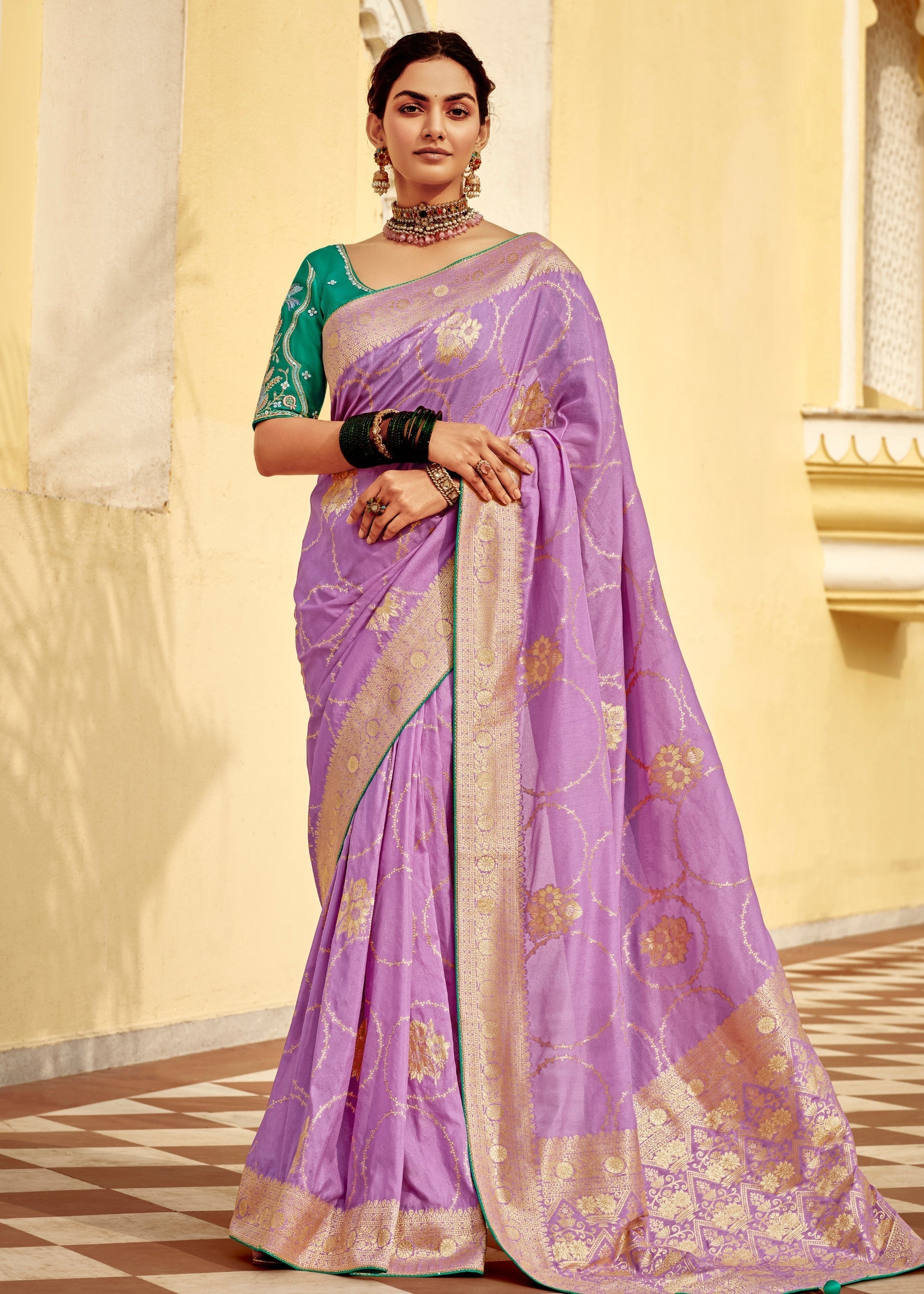 Lavender Purple Dola Silk Saree Embellished With Weaving Work And Heavy Embroidered Blouse - qivii
