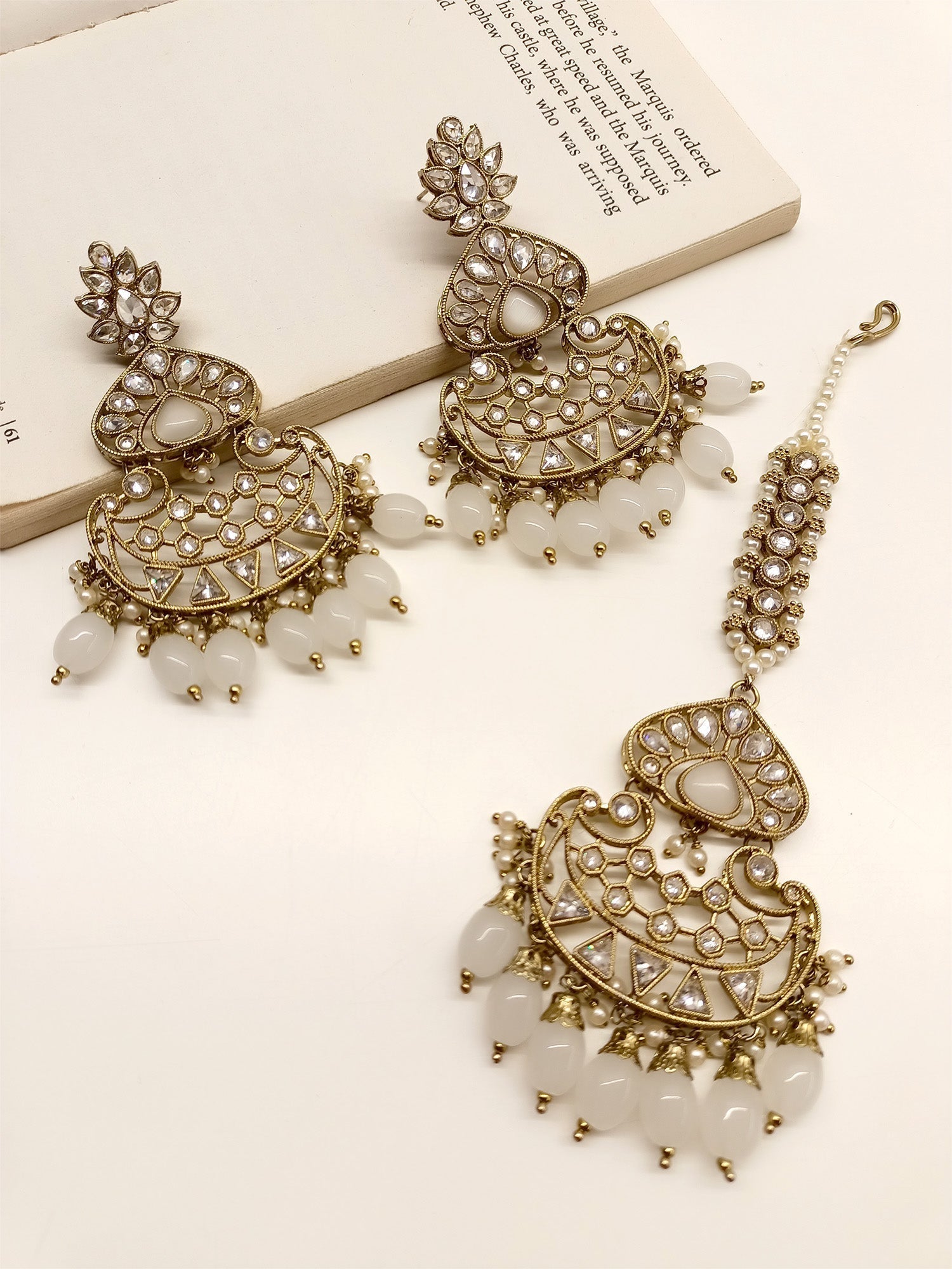Anwesha Gray Polki Earrings With Teeka - qivii