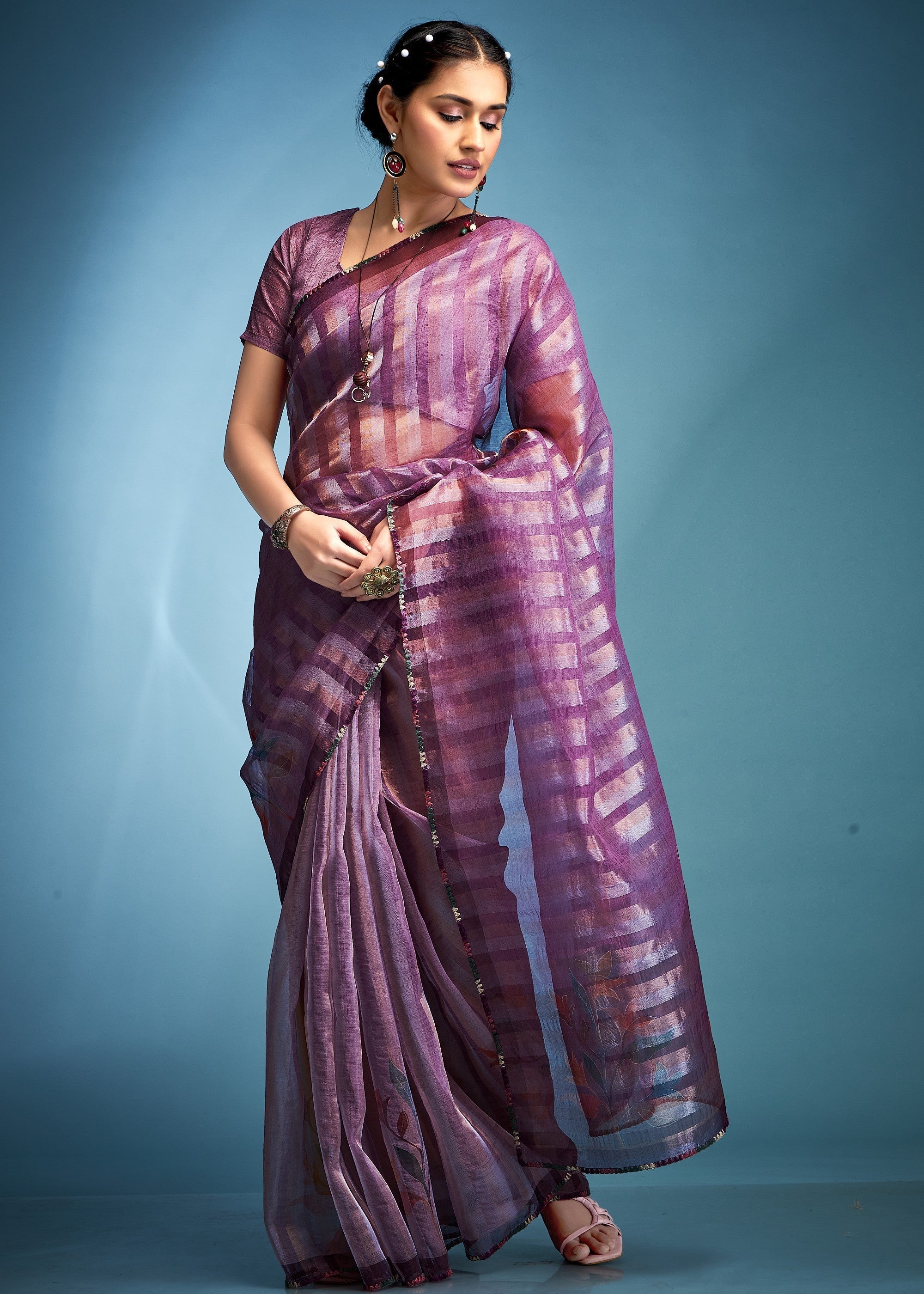 Electric Purple Tissue Silk Saree With Floral Print - qivii