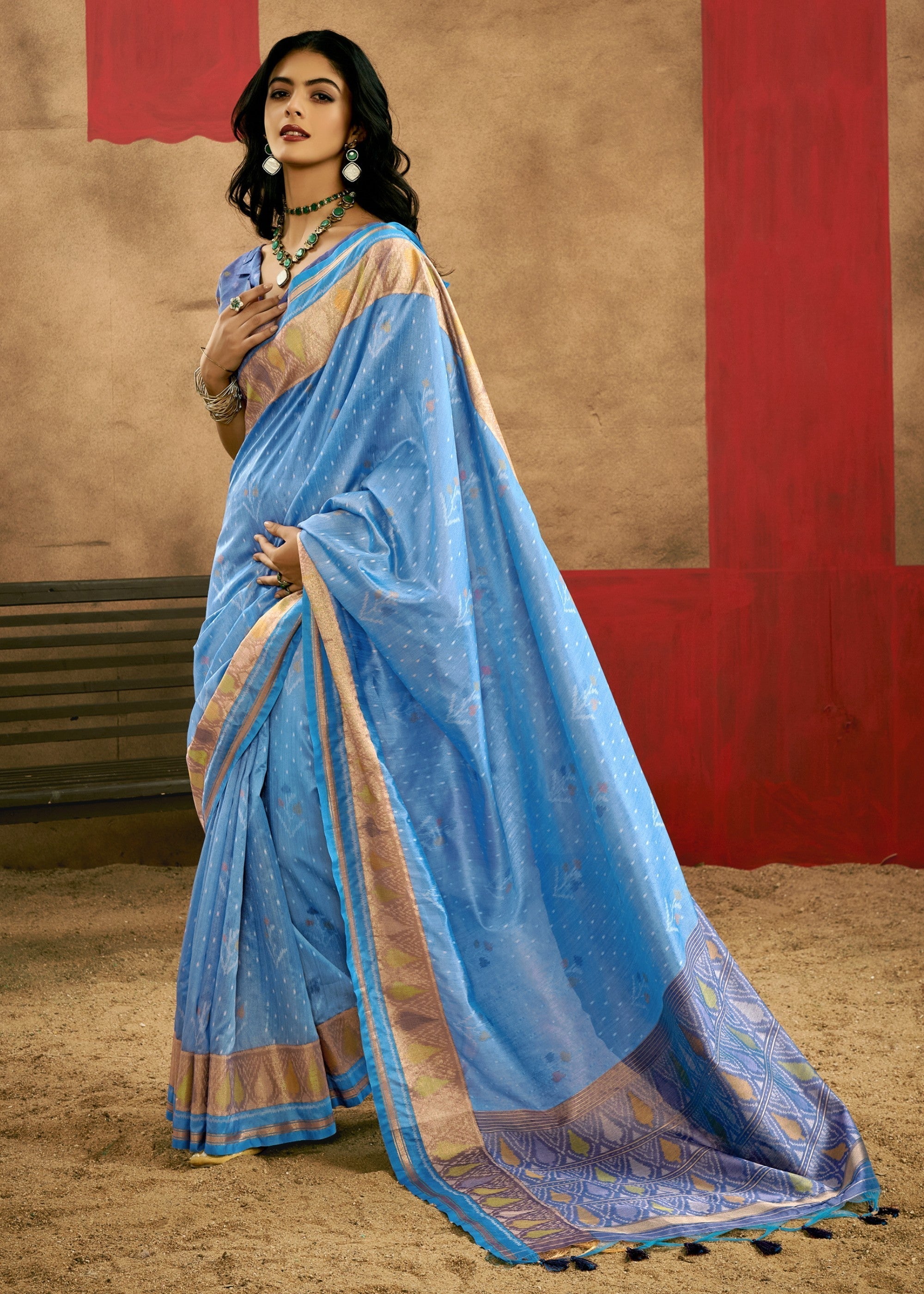 Light Blue Patola Handloom Weaving Silk Saree - qivii