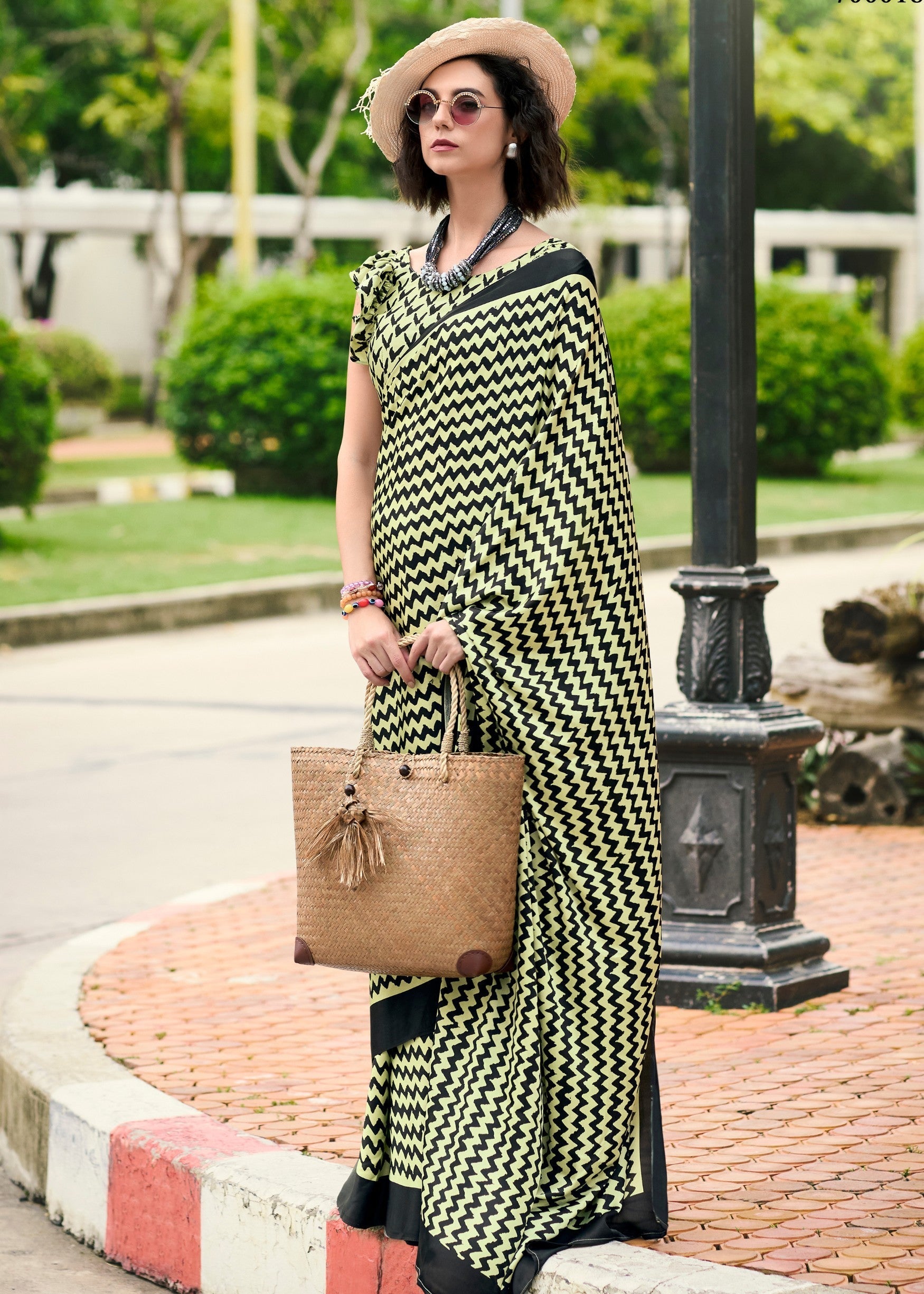 Tea Green Printed Satin Silk Saree - qivii