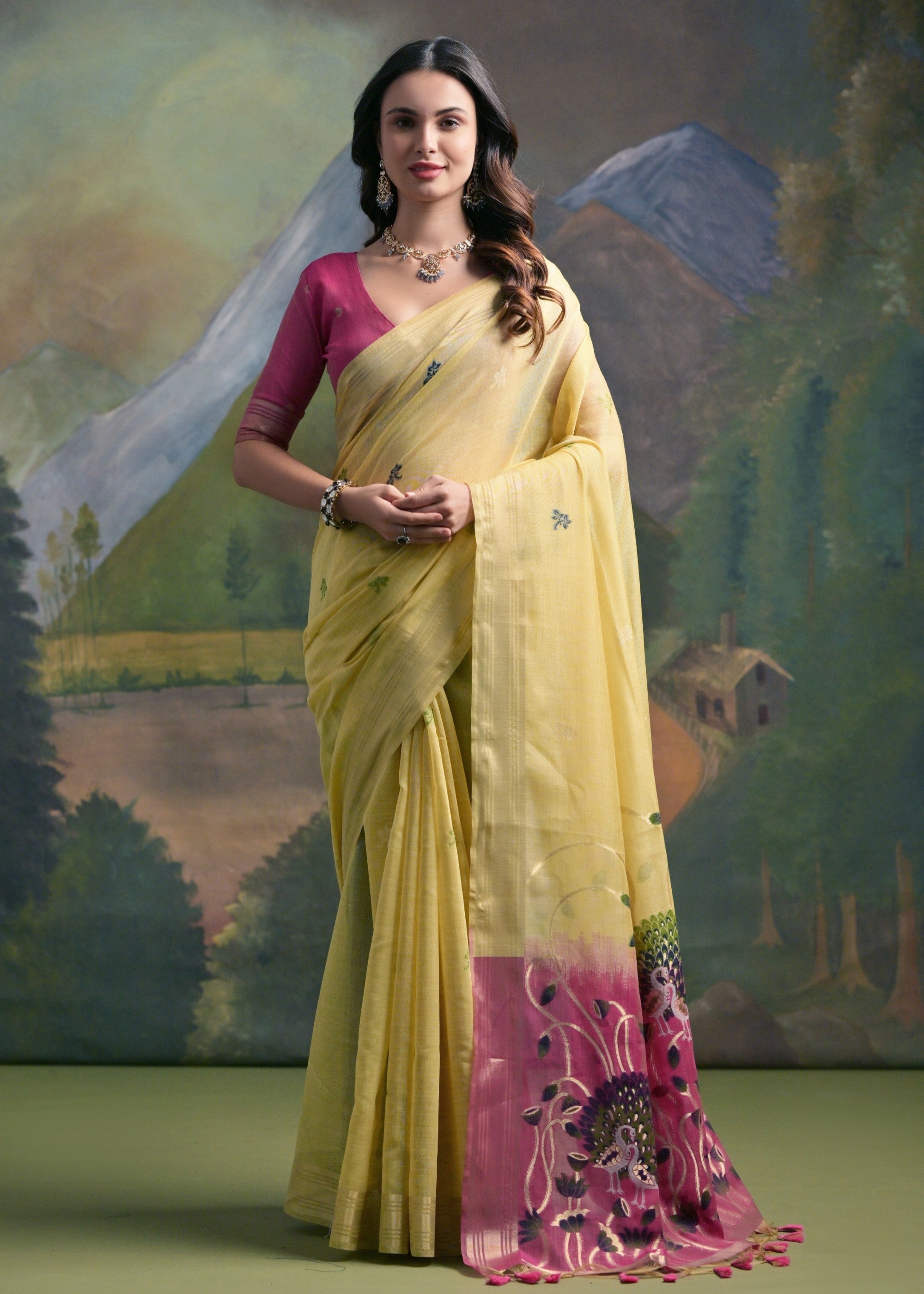 Lemon Yellow Thread Woven Cotton Saree With Contrast Blouse And Pallu - qivii