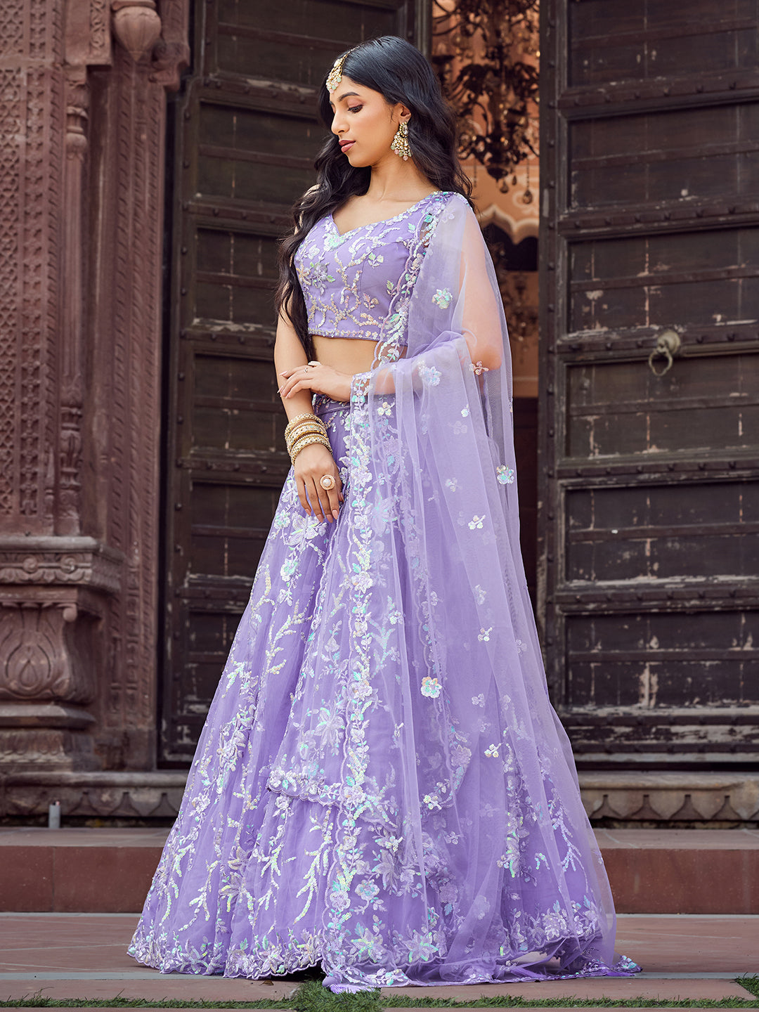 MAUVE - Net Fabric Sequins embroidery Semi-Stitched Lehenga & Unstitched Blouse With Dupatta