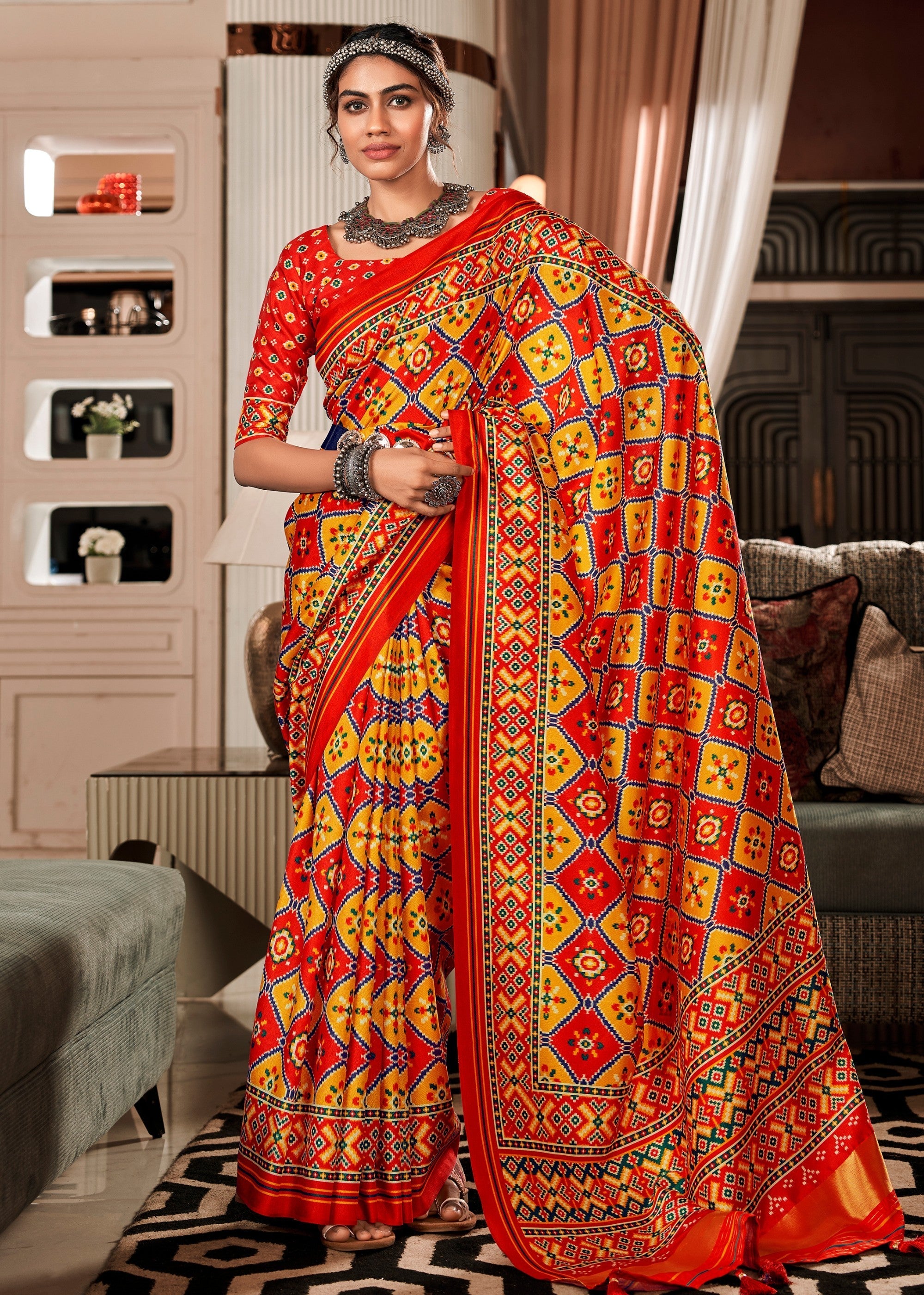 Blonde Yellow & Orange Tussar Silk Saree With Beautiful Patola Print - qivii