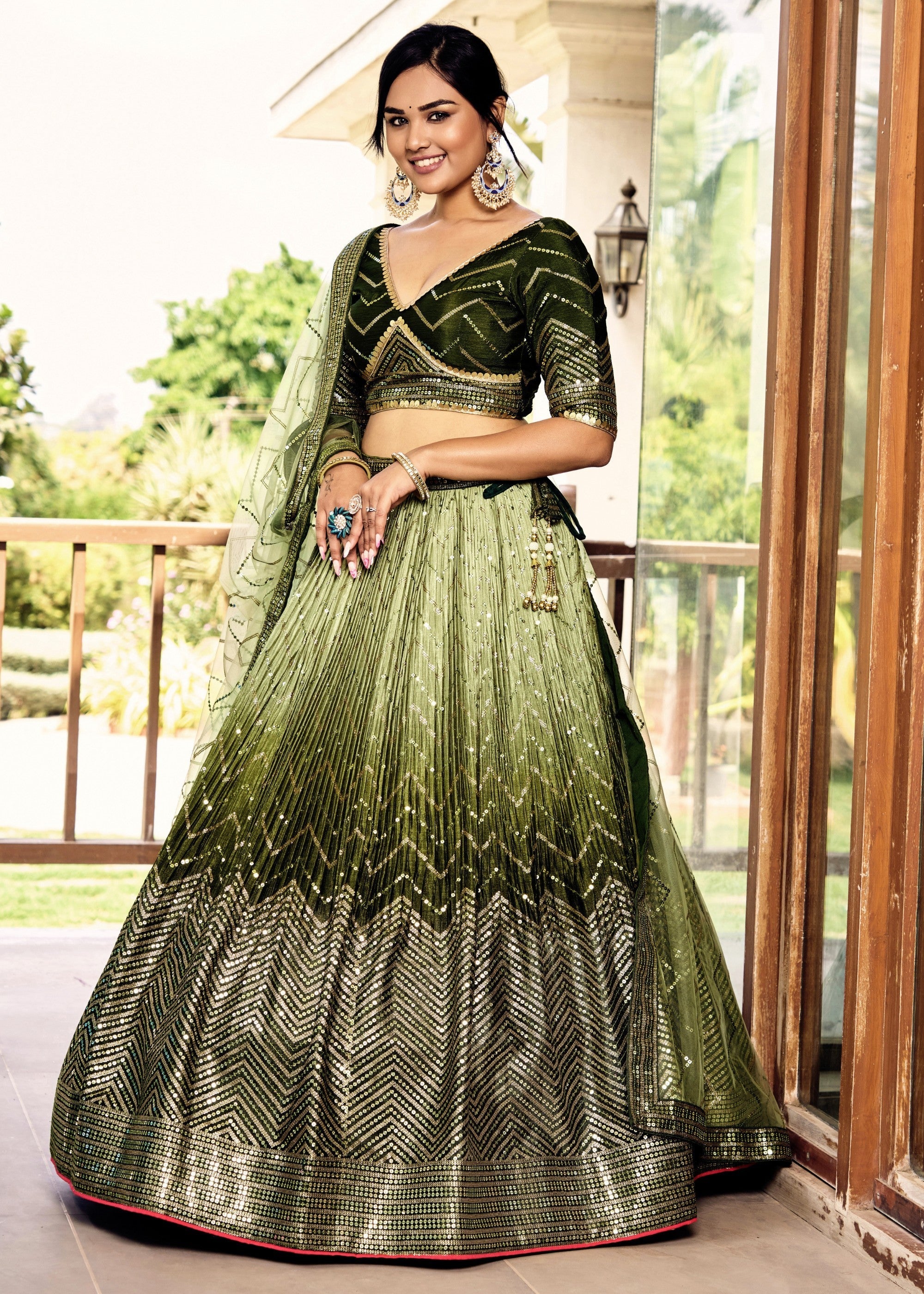 Mehendi Green Chinon Silk Lehenga With Sequence and Thread Embroidery Work | Ready To Wear - qivii