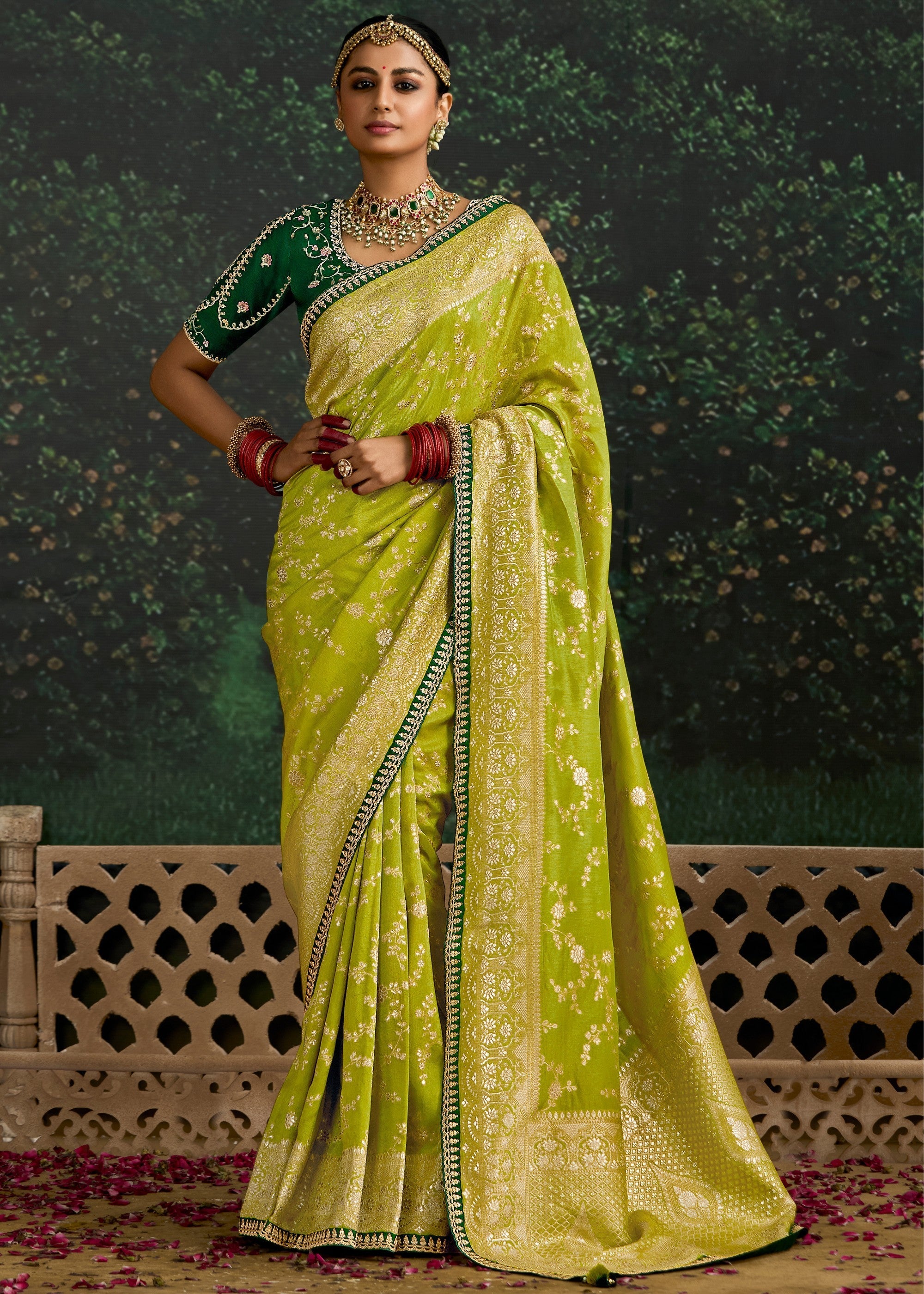Lime-green and Dark-green Viscose silk Saree with Zari work - qivii