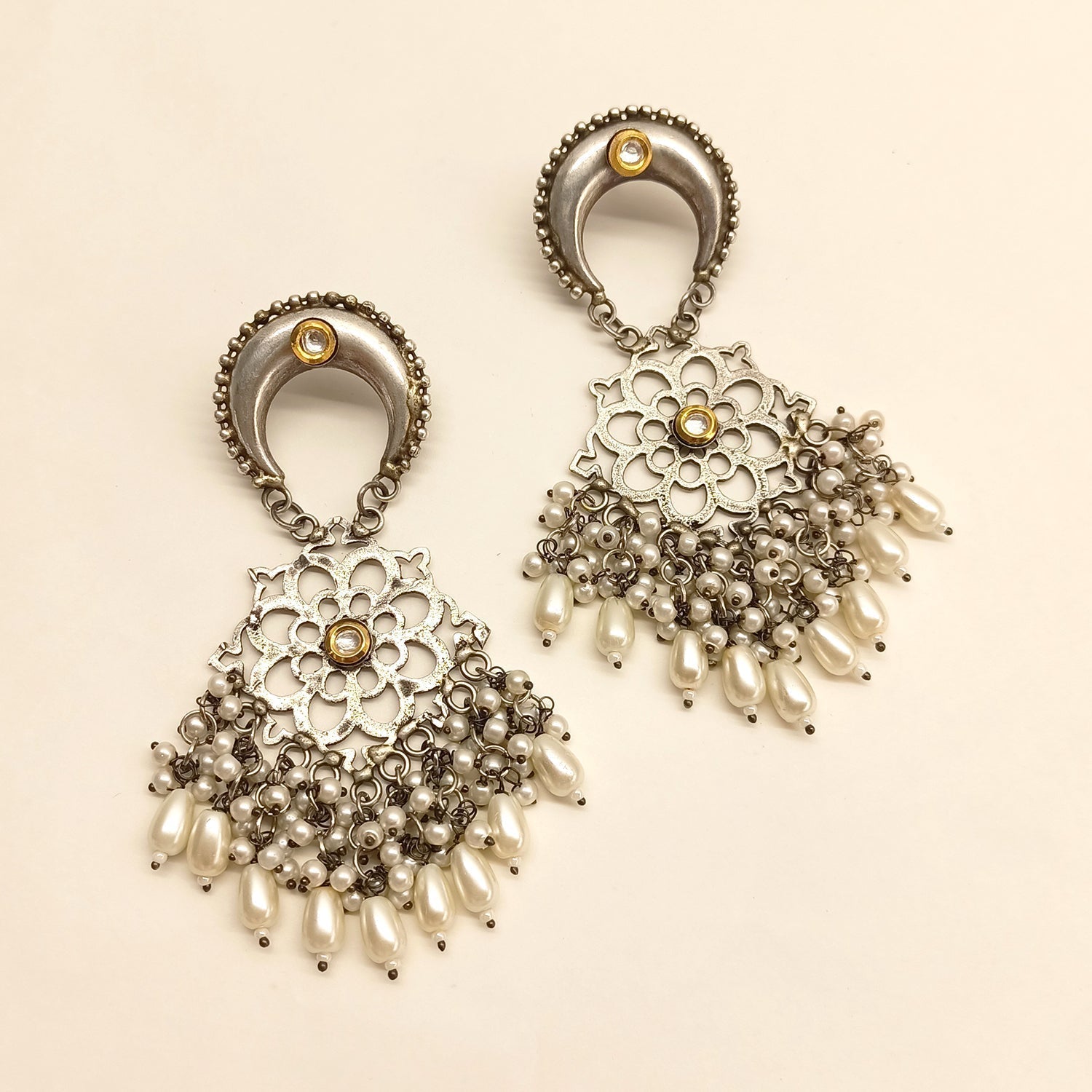 Bhagwati Silver Oxidized Earrings With Pearl Hangings - qivii