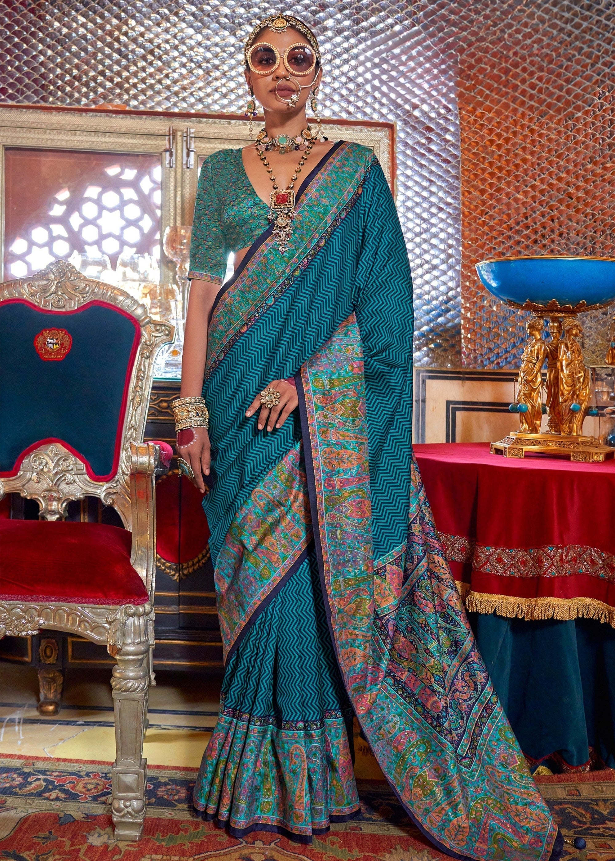 Cerulean Blue Silk Saree With Beautiful Print - qivii
