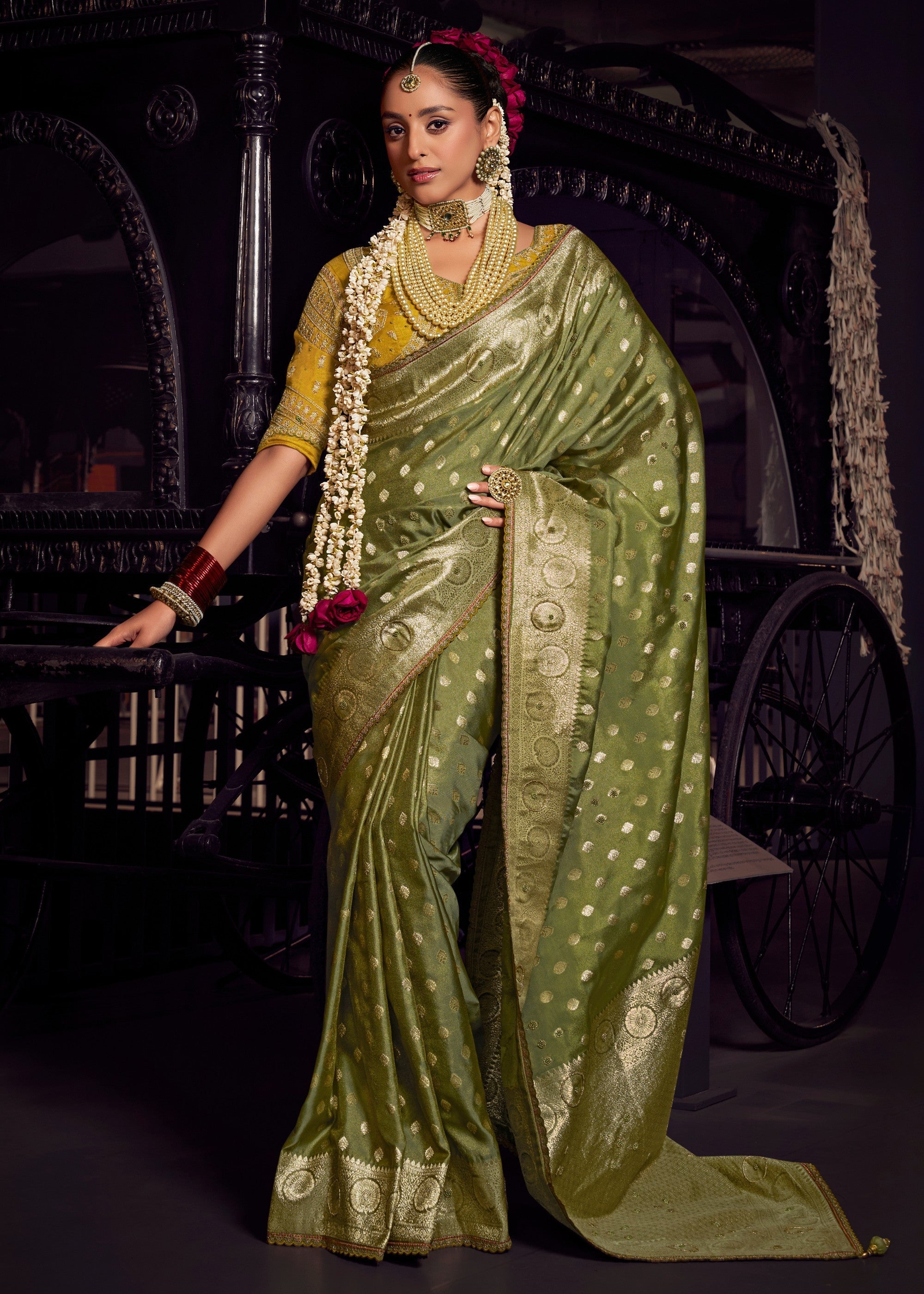 Green Viscose Tissue Silk Saree with Handworked Pallu And Contrast Designer Blouse - qivii