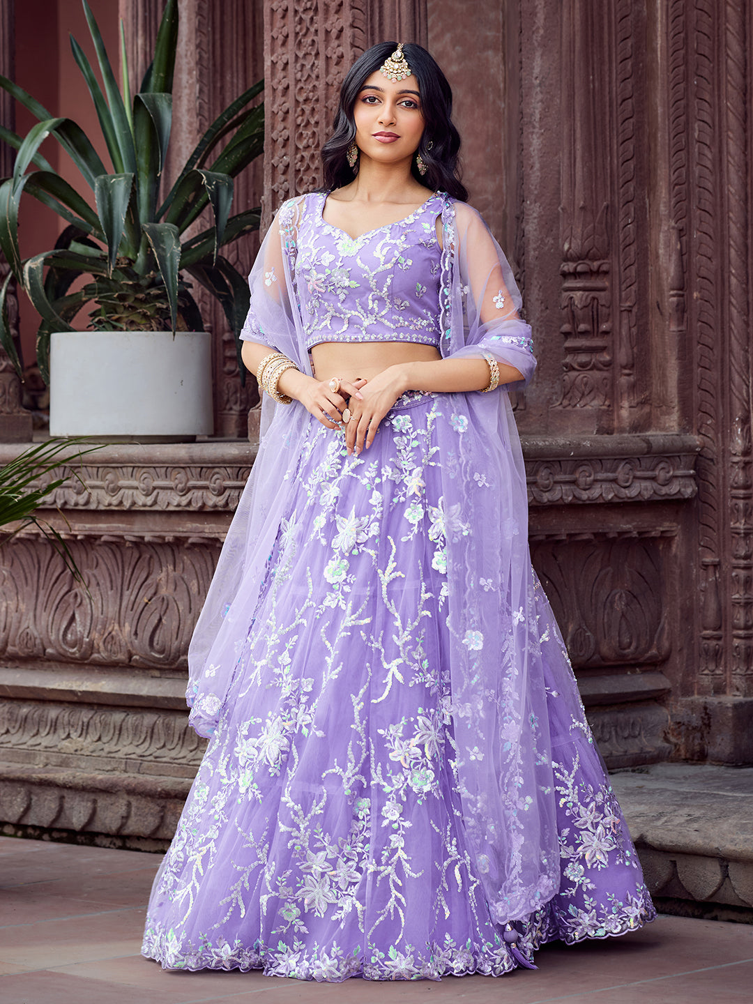 MAUVE - Net Fabric Sequins embroidery Semi-Stitched Lehenga & Unstitched Blouse With Dupatta