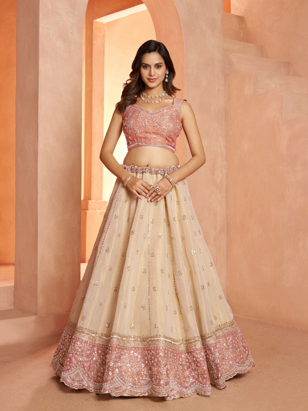 Designer Peach Lehenga with Luxurious Embellished Details