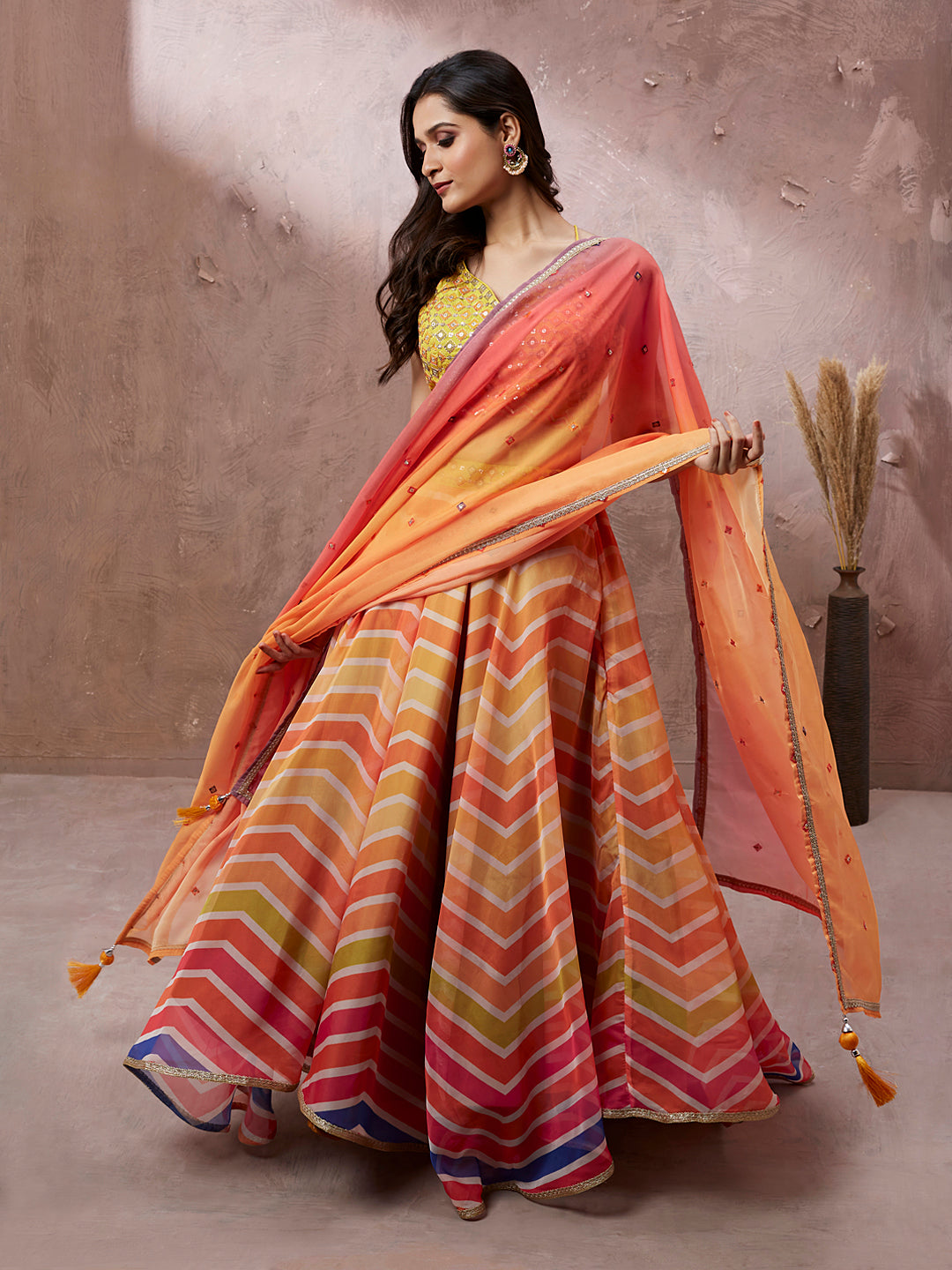 Yellow Organza Leheriya Printed Semi-Stitched Lehenga choli - qivii