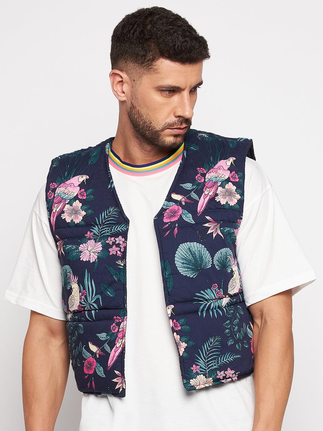 Navy Floral Print Sleeveless Puffer Jacket