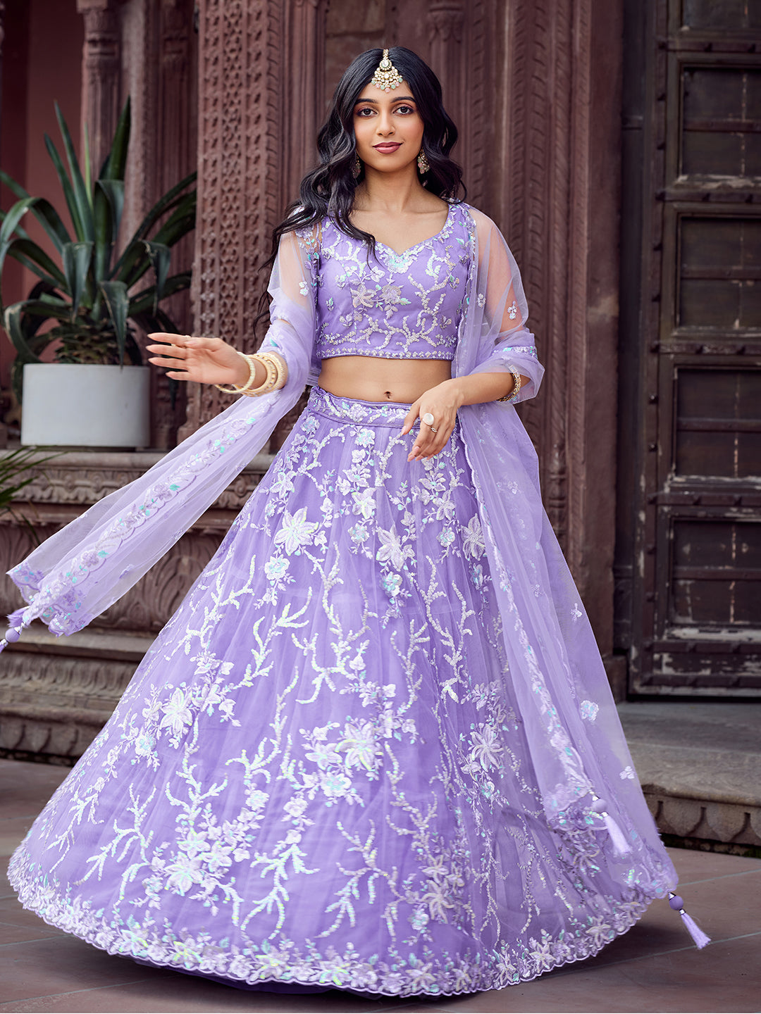 MAUVE - Net Fabric Sequins embroidery Semi-Stitched Lehenga & Unstitched Blouse With Dupatta