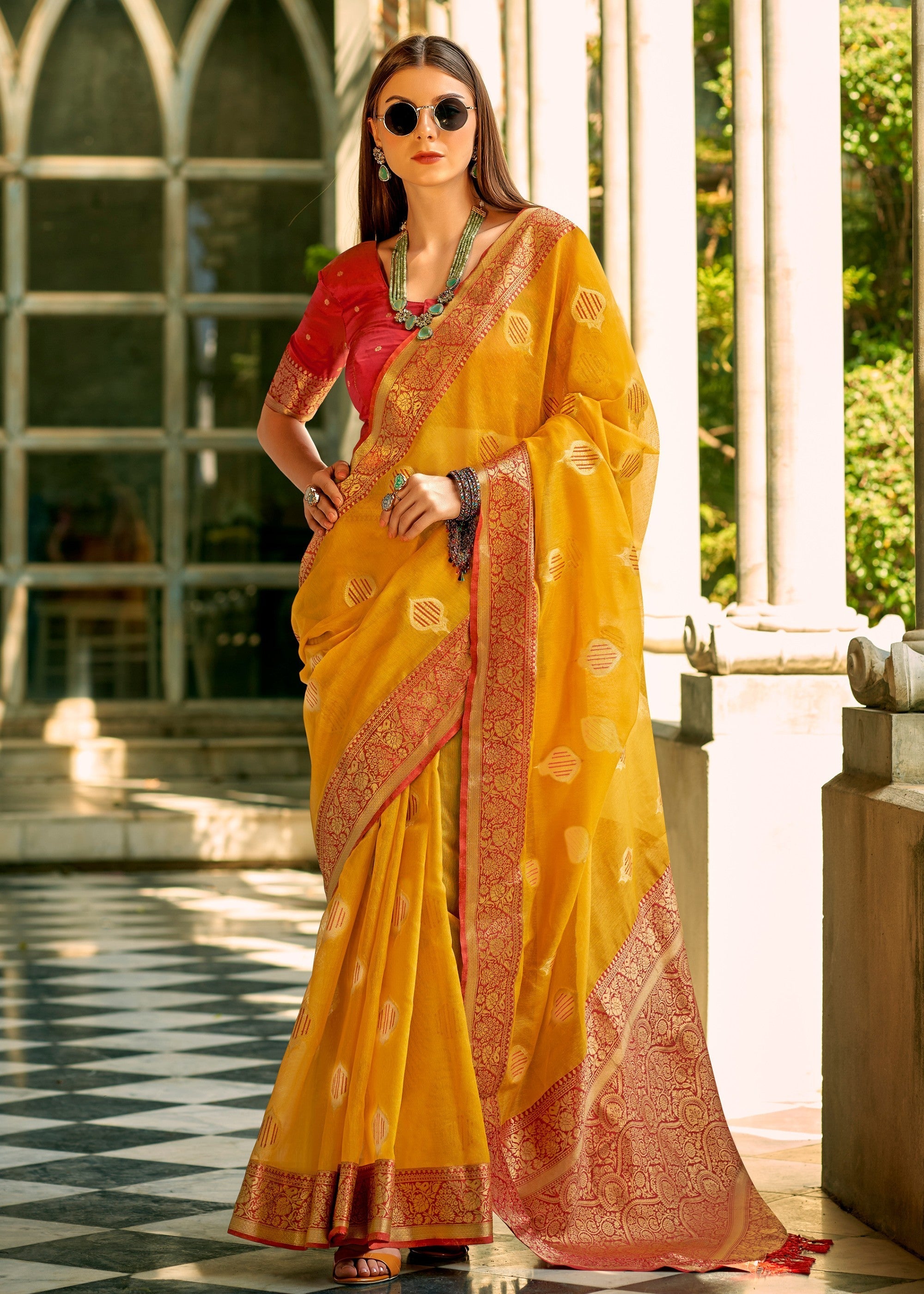 Dandelion Yellow Soft Tissue Silk Saree With Contrast Border - qivii
