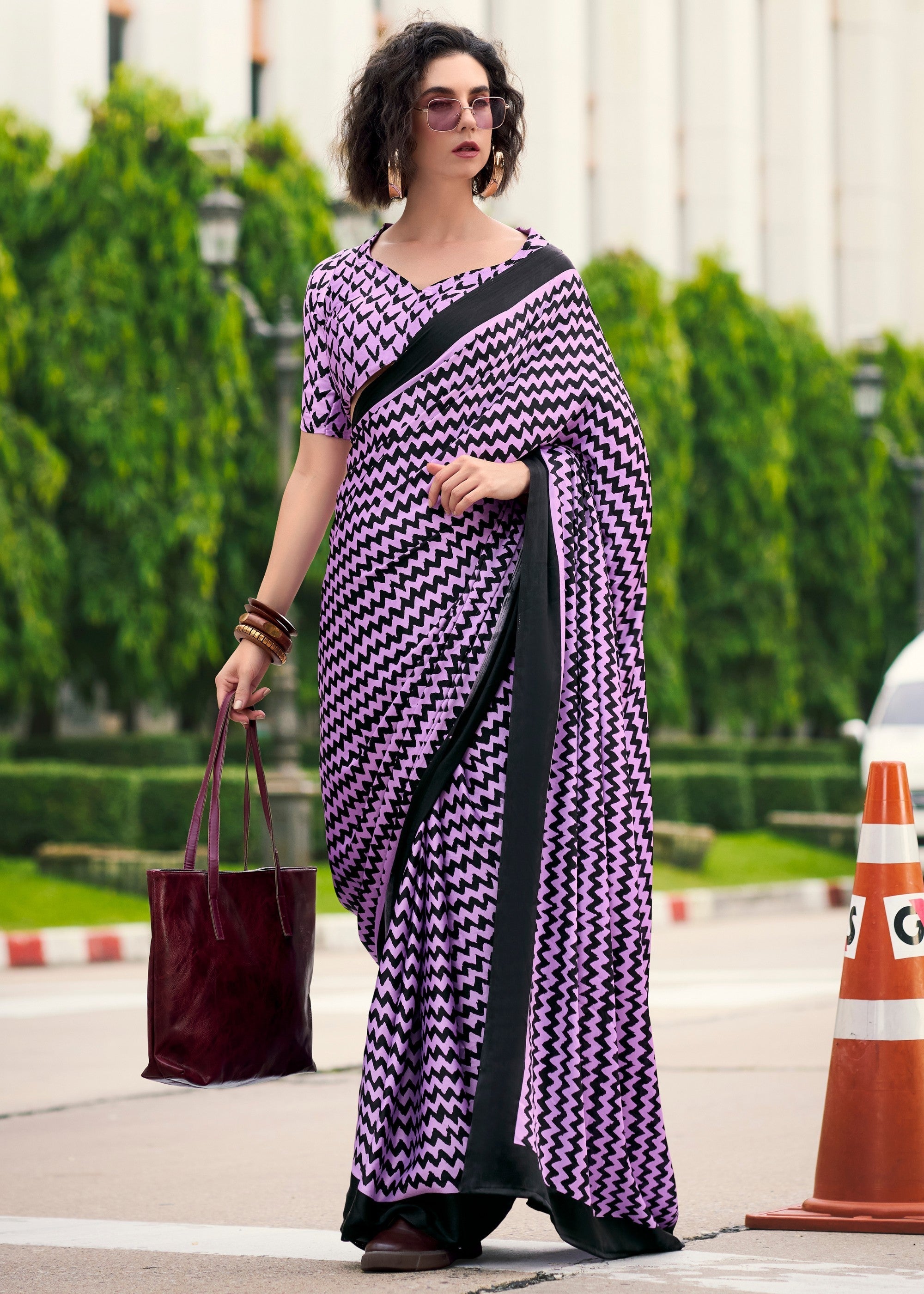 Iris Purple Printed Satin Silk Saree - qivii