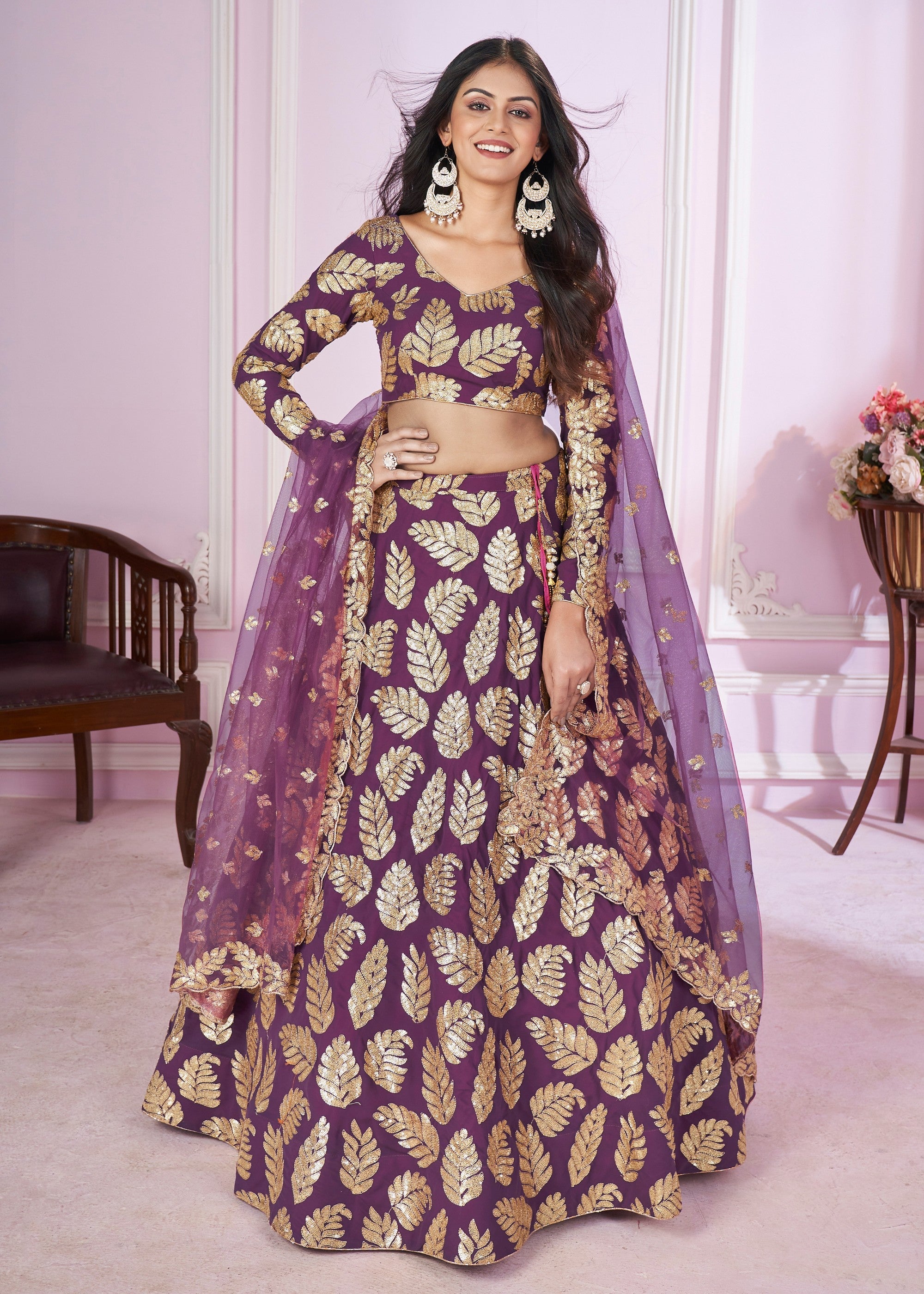 Royal Purple Georgette Lehenga Choli With Sequins And Thread Embroidery Work | Ready To Wear - qivii