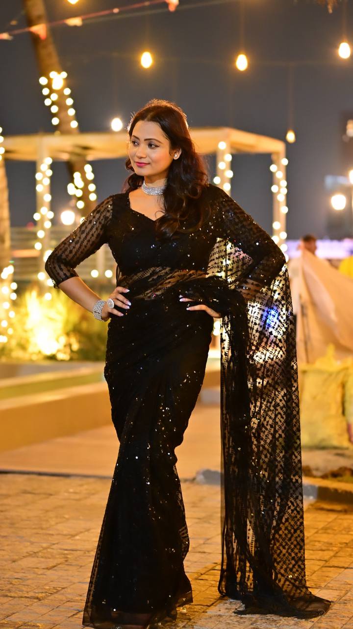 Black Net saree with heavy sequins & thread work - INSPIRED - qivii