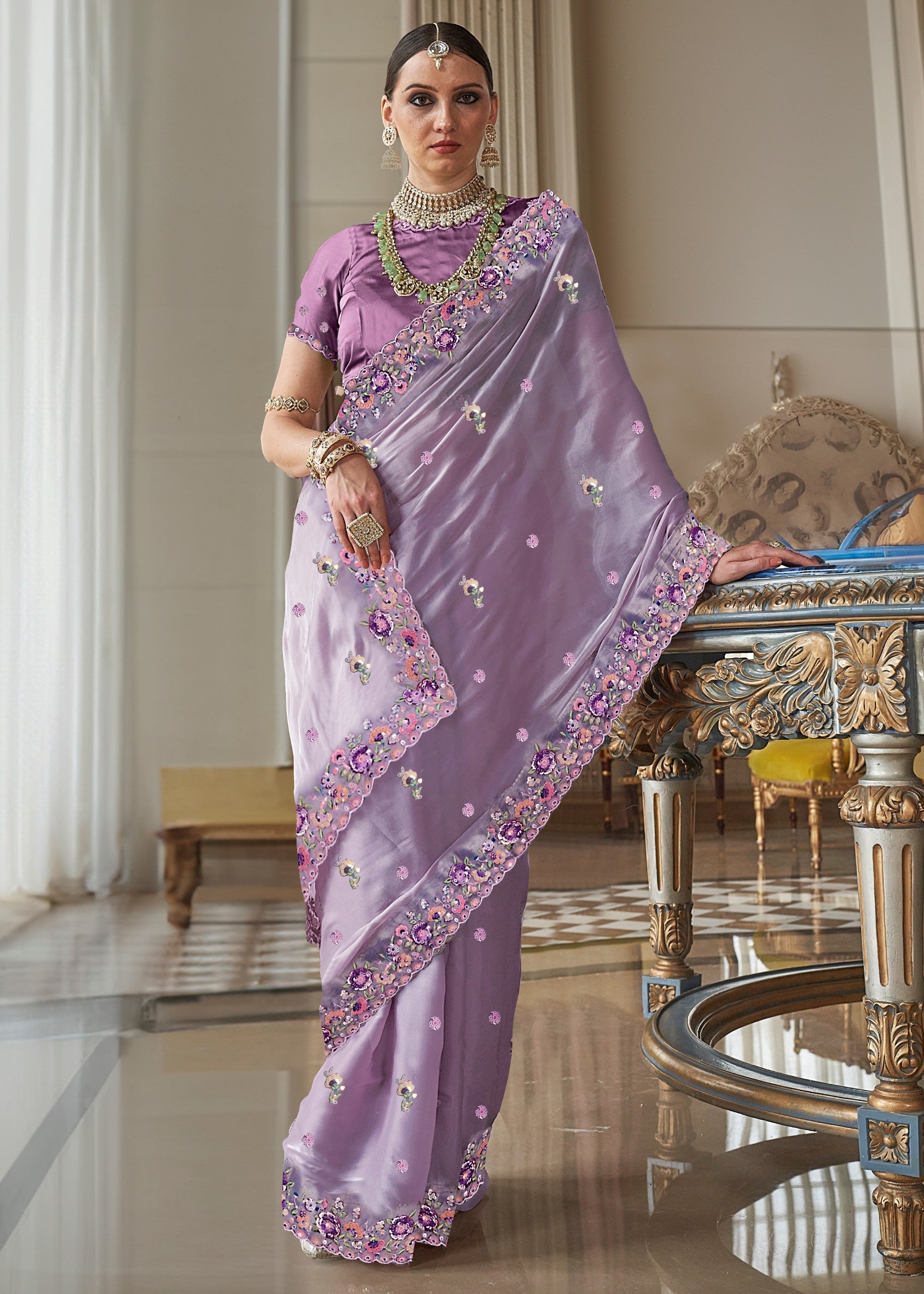 Wisteria Purple Fancy Tissue Saree With Unique Work And Designer Blouse - qivii